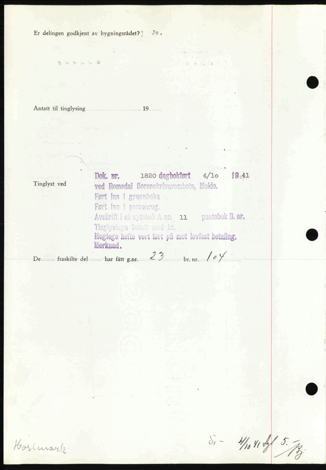 Romsdal sorenskriveri, AV/SAT-A-4149/1/2/2C: Mortgage book no. A11, 1941-1942, Diary no: : 1820/1941