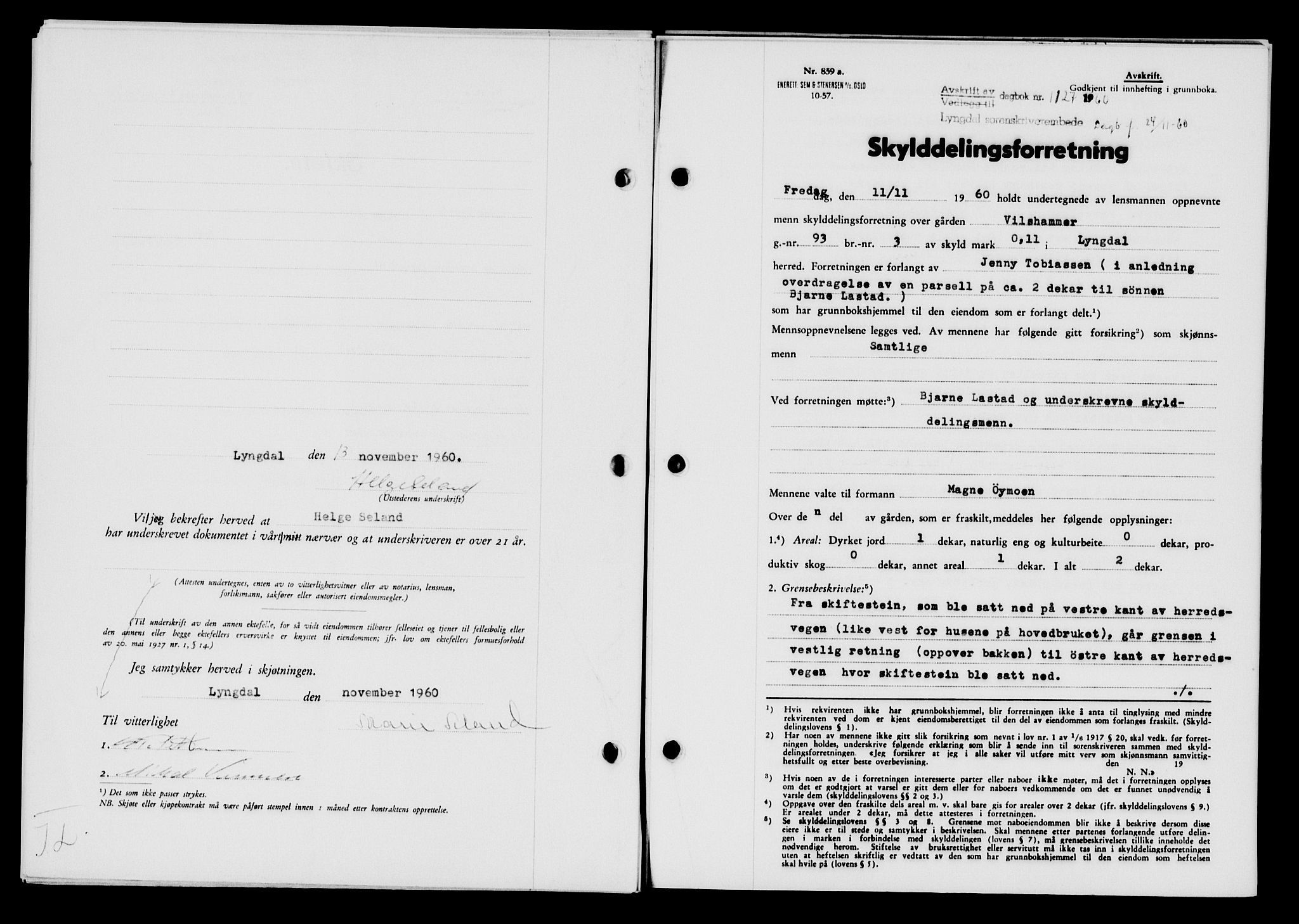 Lyngdal sorenskriveri, AV/SAK-1221-0004/G/Gb/L0680: Mortgage book no. A XXVI, 1960-1960, Diary no: : 1127/1960