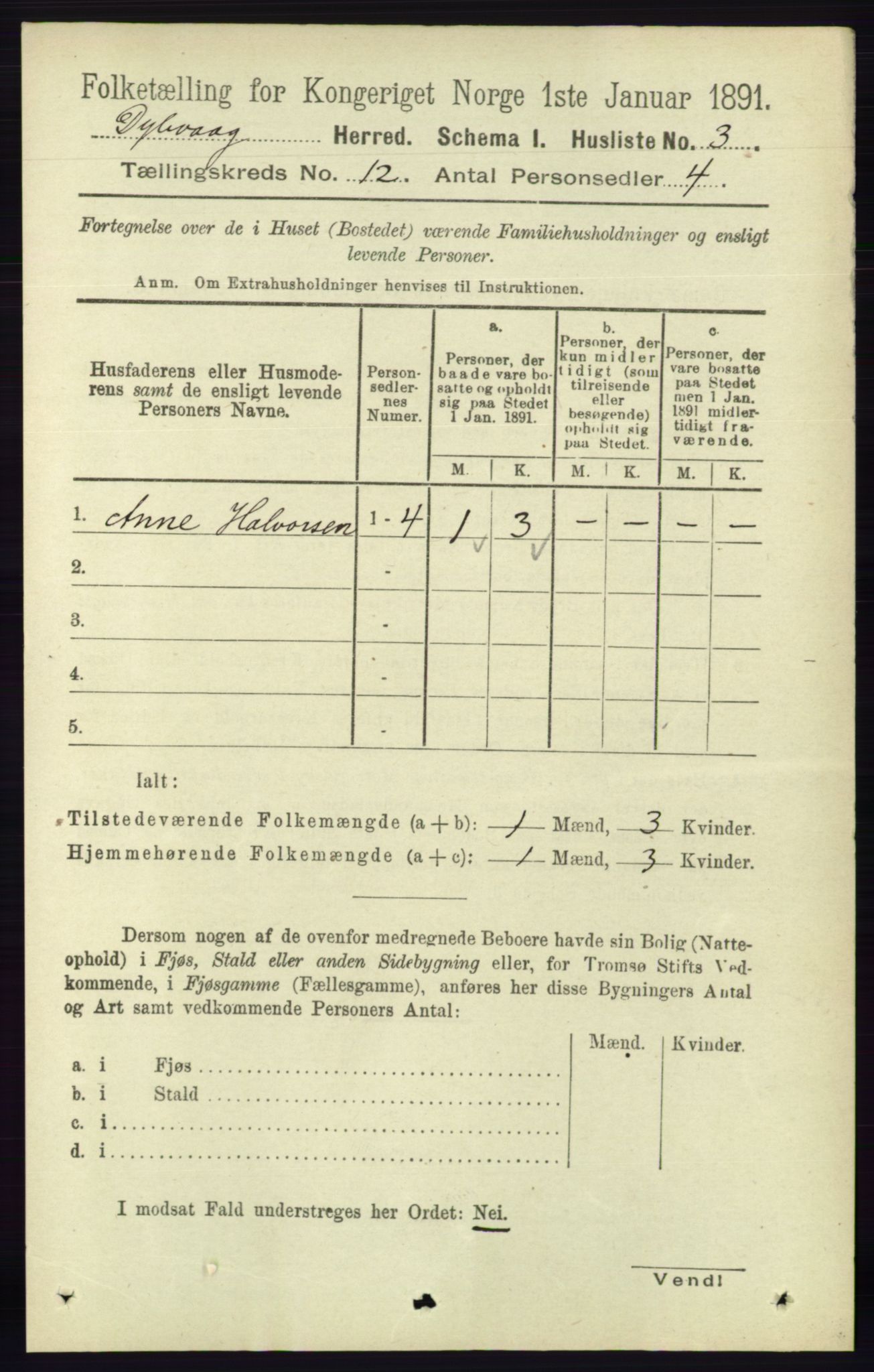 RA, 1891 census for 0915 Dypvåg, 1891, p. 4664