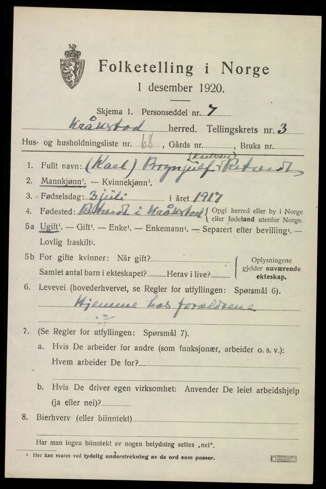 SAO, 1920 census for Kråkstad, 1920, p. 4153