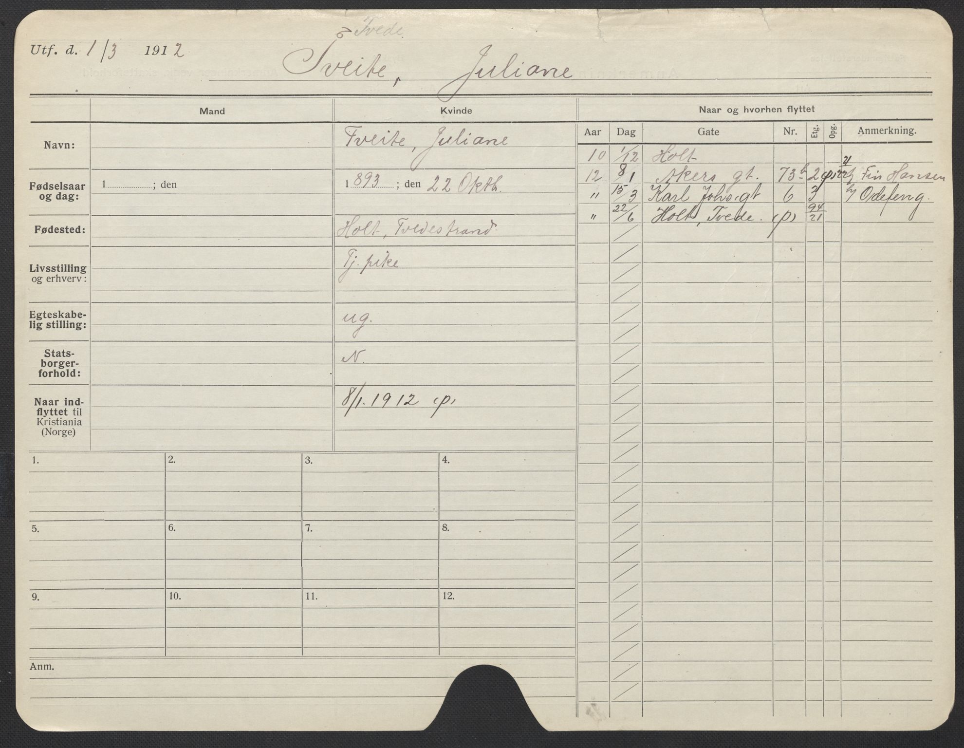 Oslo folkeregister, Registerkort, AV/SAO-A-11715/F/Fa/Fac/L0025: Kvinner, 1906-1914, p. 351a