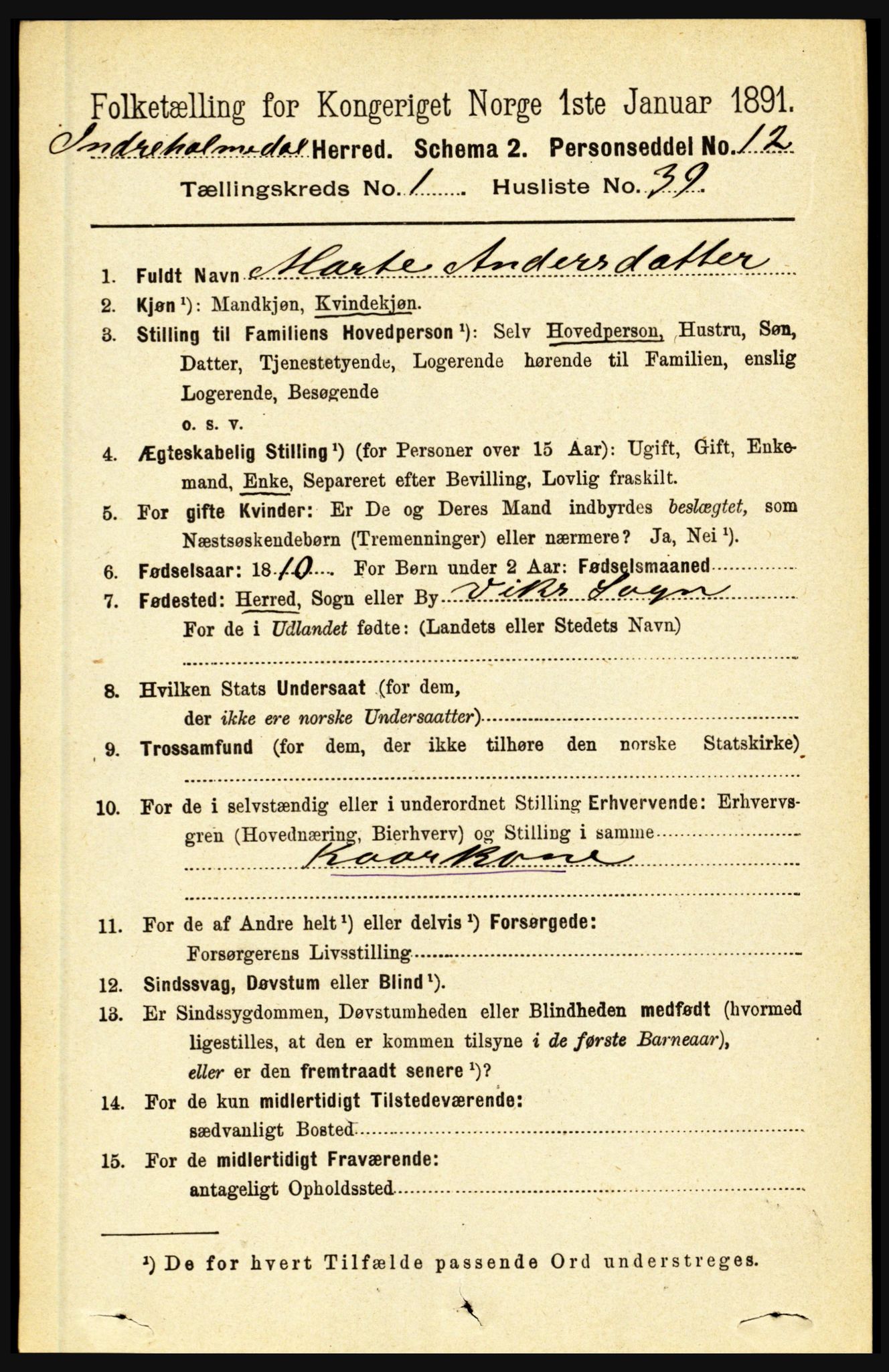 RA, 1891 census for 1430 Indre Holmedal, 1891, p. 364