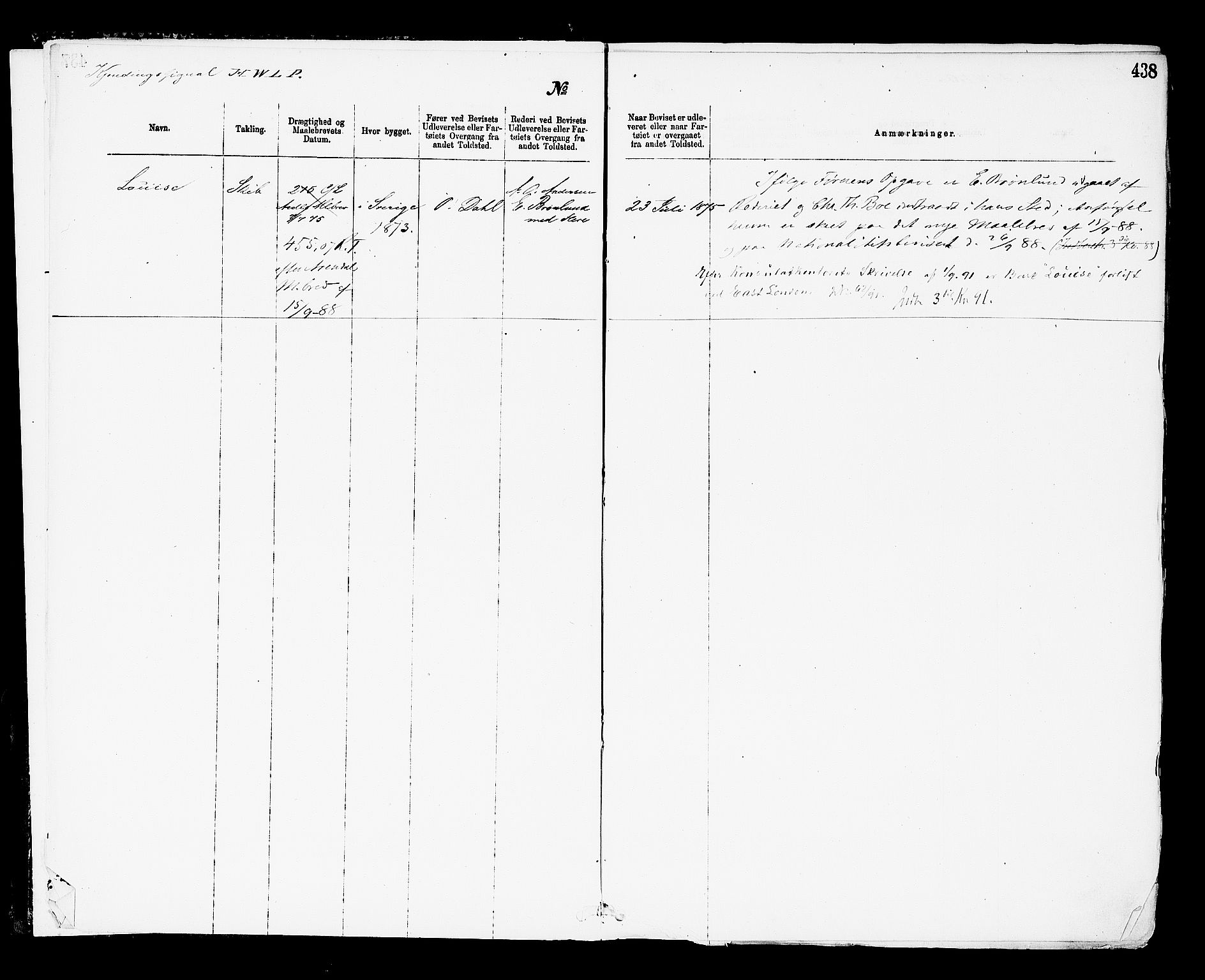 Arendal tollsted, AV/SAK-1351-0003/H/Ha/L0643: Protokoll over utleverte nasjonalitetsbevis, 1875-1892, p. 438