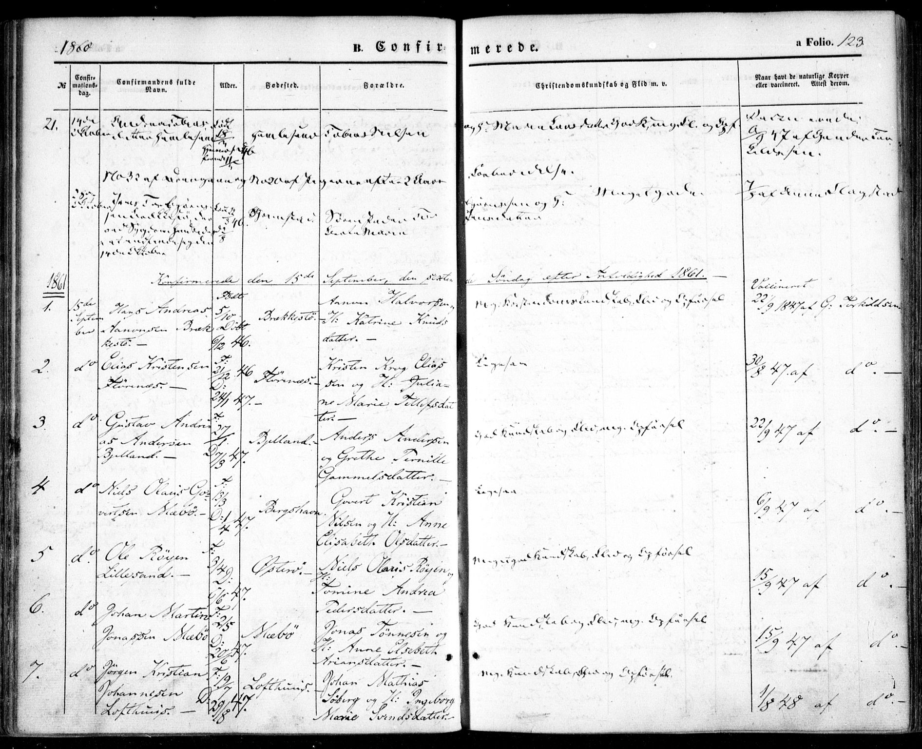 Vestre Moland sokneprestkontor, SAK/1111-0046/F/Fa/Fab/L0007: Parish register (official) no. A 7, 1859-1872, p. 123