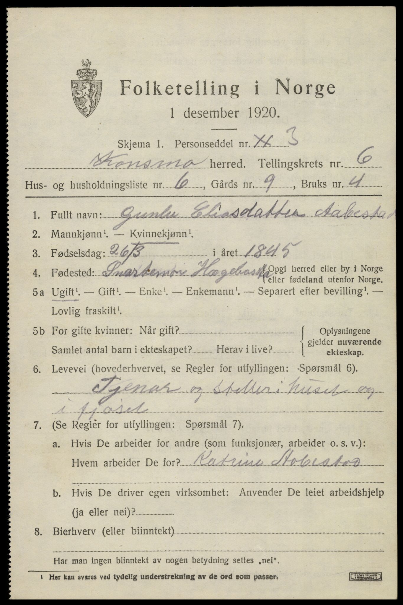 SAK, 1920 census for Konsmo, 1920, p. 1424