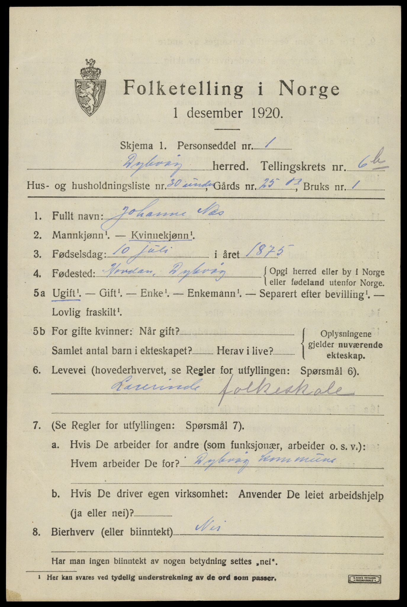 SAK, 1920 census for Dypvåg, 1920, p. 5731