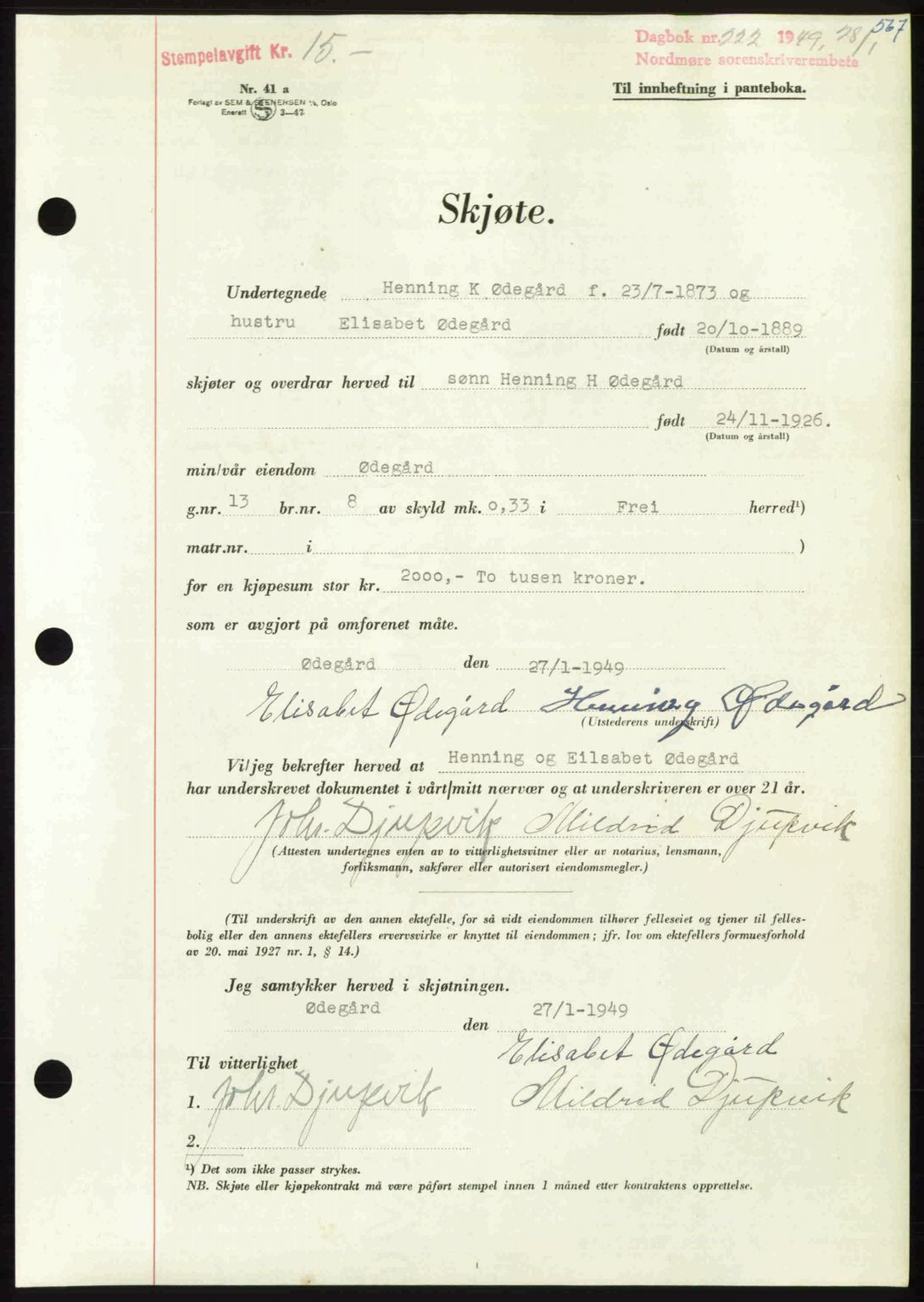 Nordmøre sorenskriveri, AV/SAT-A-4132/1/2/2Ca: Mortgage book no. A110, 1948-1949, Diary no: : 222/1949