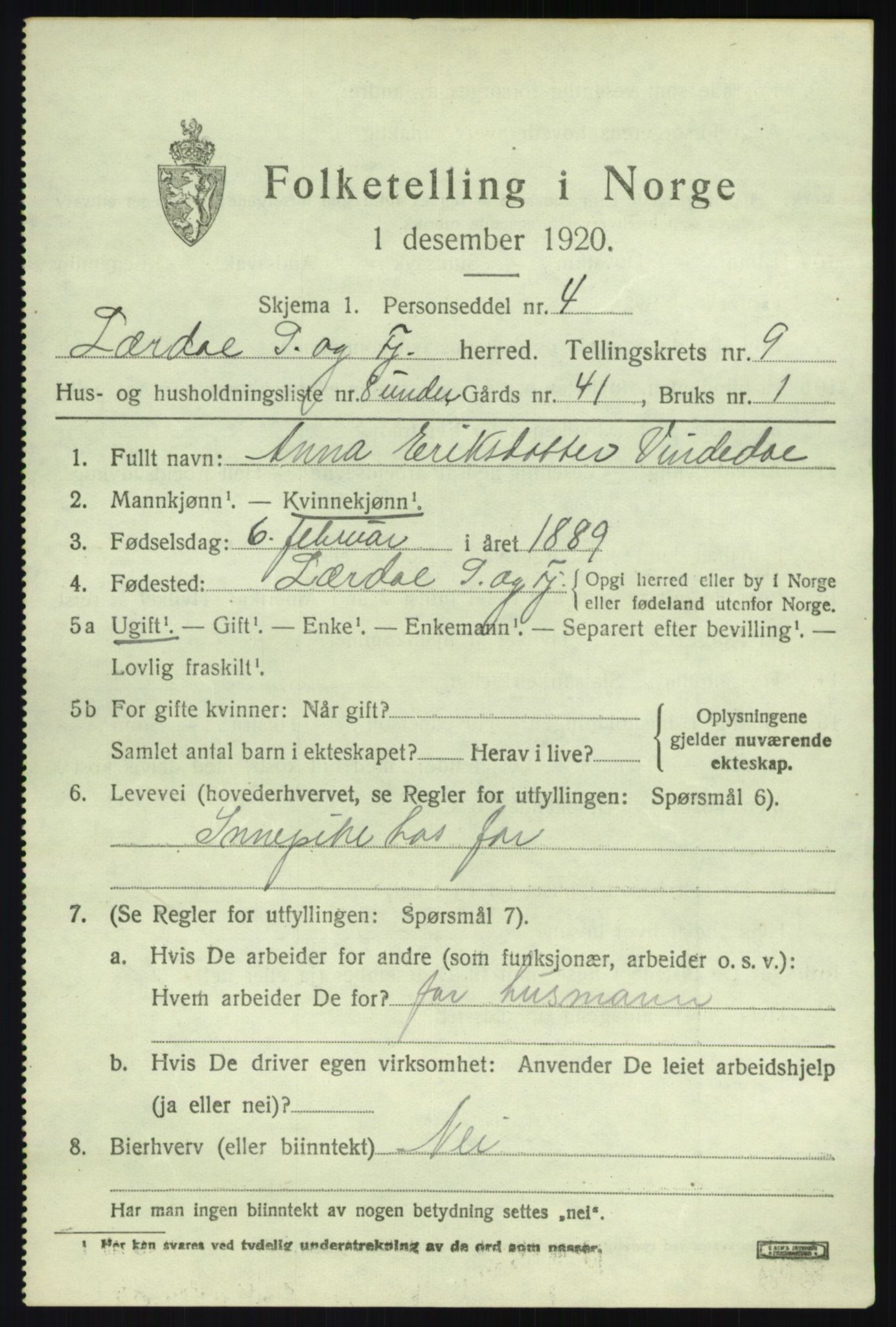 SAB, 1920 census for Lærdal, 1920, p. 4346