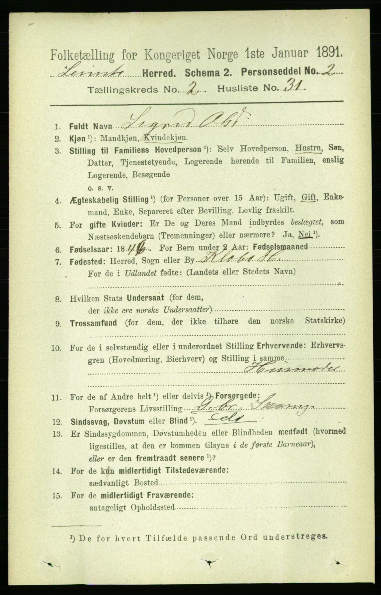 RA, 1891 census for 1654 Leinstrand, 1891, p. 697