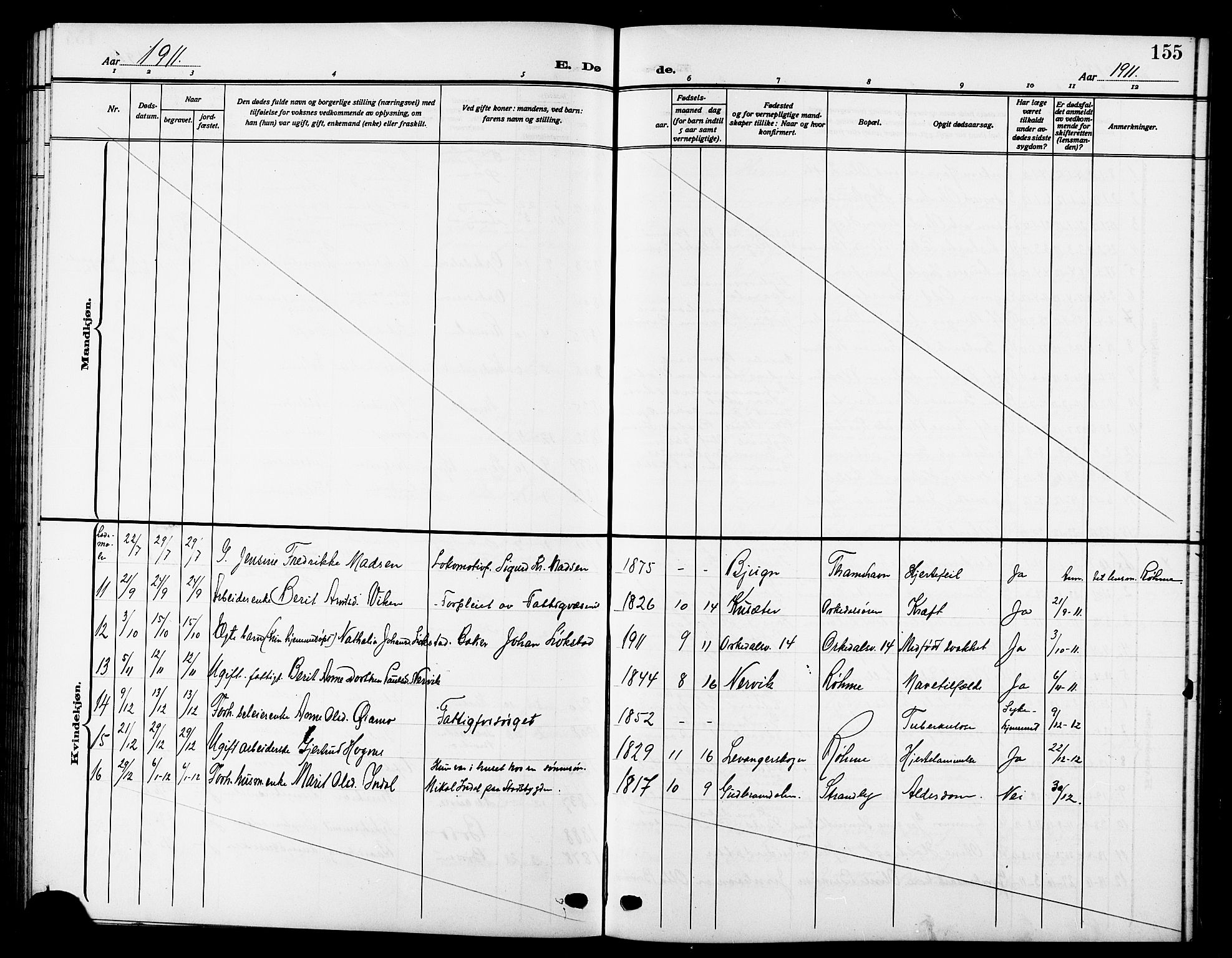 Ministerialprotokoller, klokkerbøker og fødselsregistre - Sør-Trøndelag, AV/SAT-A-1456/669/L0831: Parish register (copy) no. 669C01, 1909-1924, p. 155