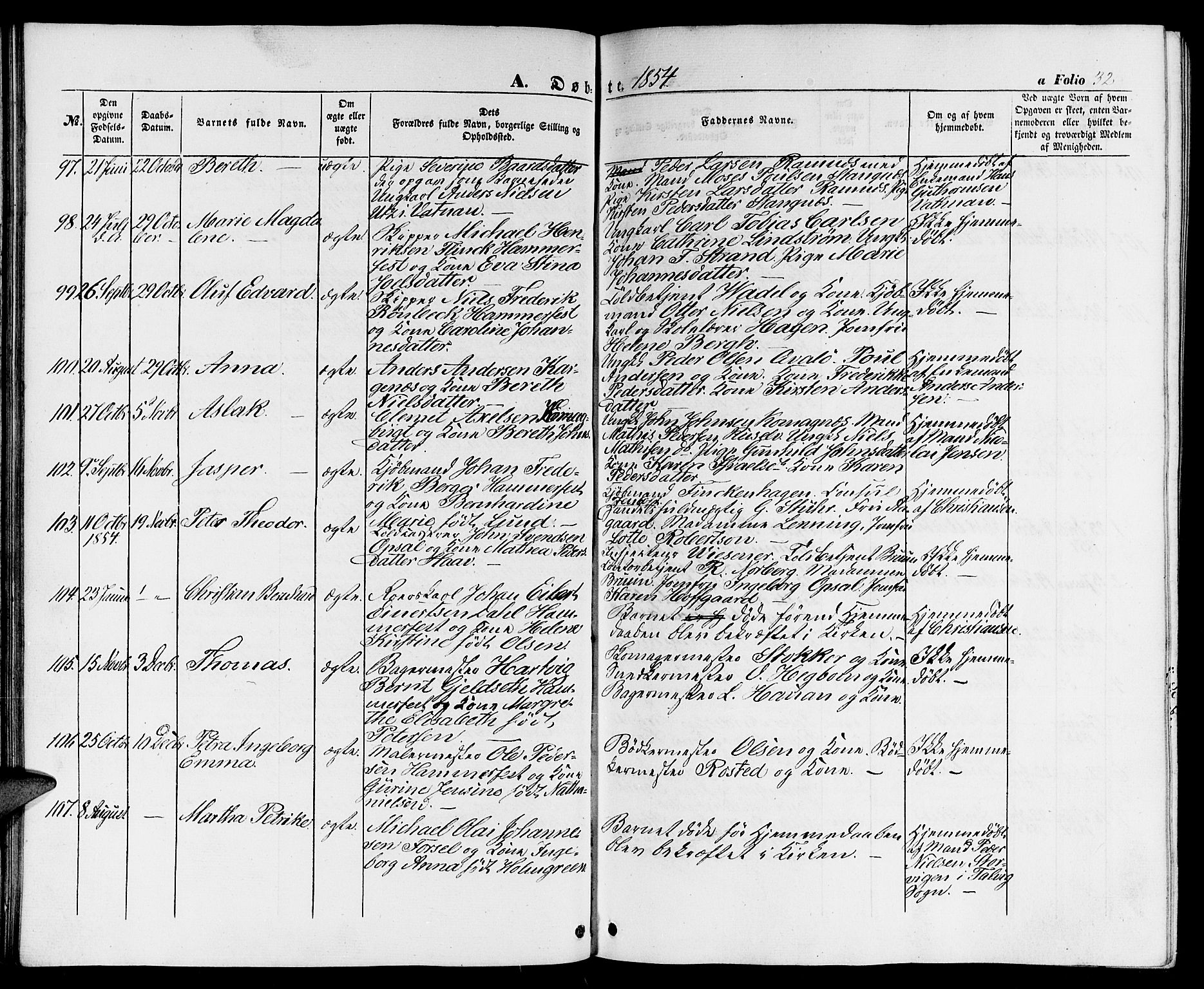 Hammerfest sokneprestkontor, AV/SATØ-S-1347/H/Hb/L0002.klokk: Parish register (copy) no. 2, 1851-1861, p. 32