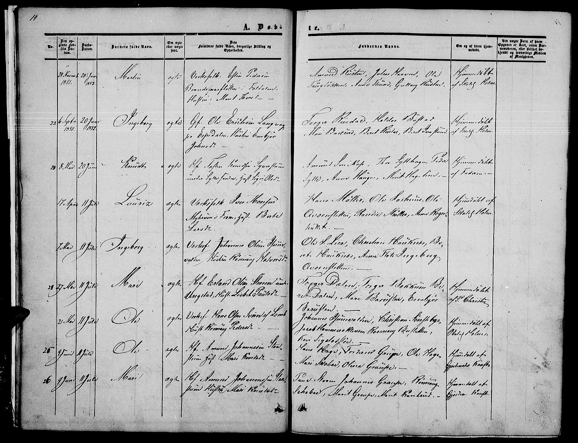 Nord-Fron prestekontor, SAH/PREST-080/H/Ha/Hab/L0002: Parish register (copy) no. 2, 1851-1883, p. 14