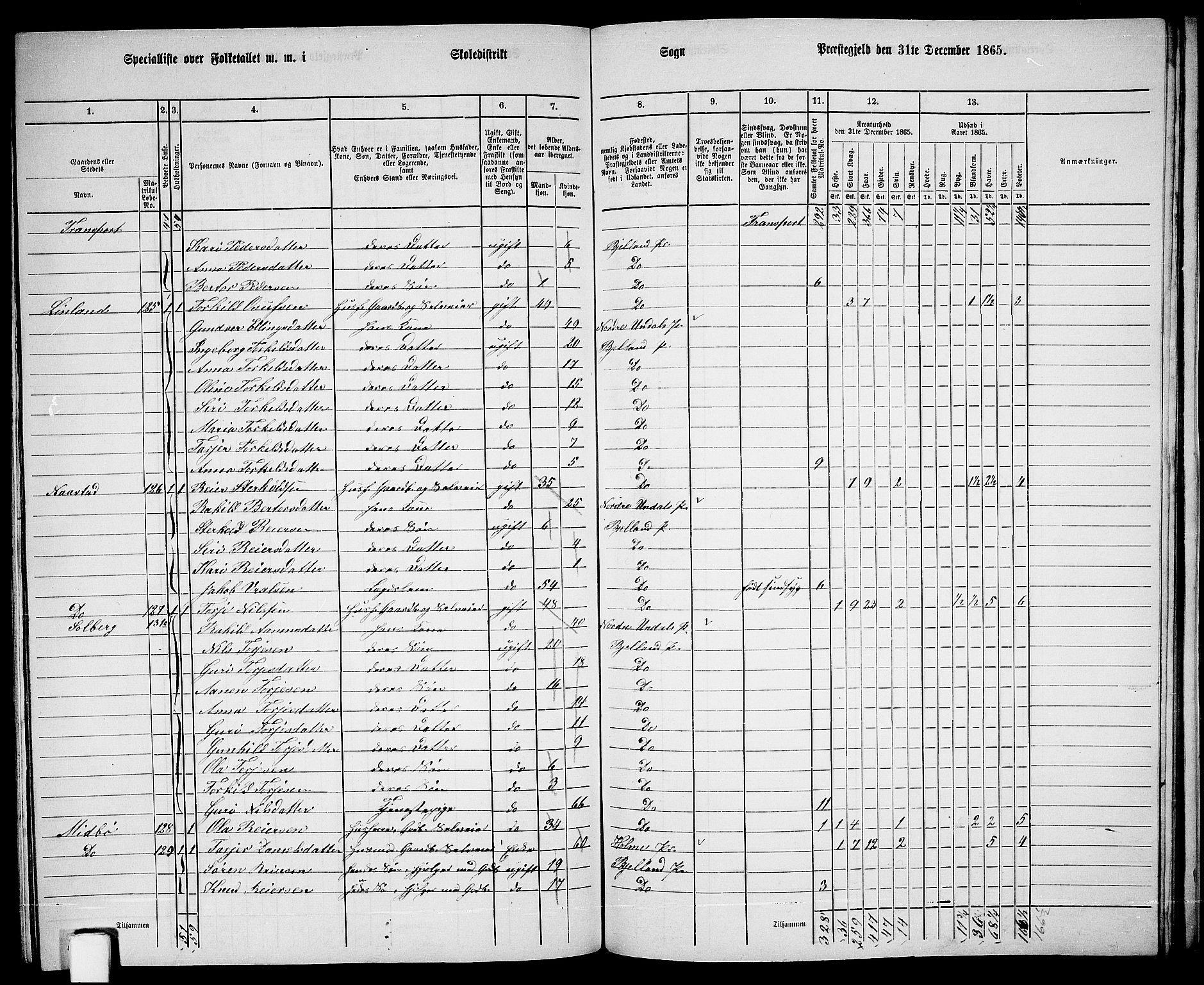 RA, 1865 census for Bjelland, 1865, p. 94