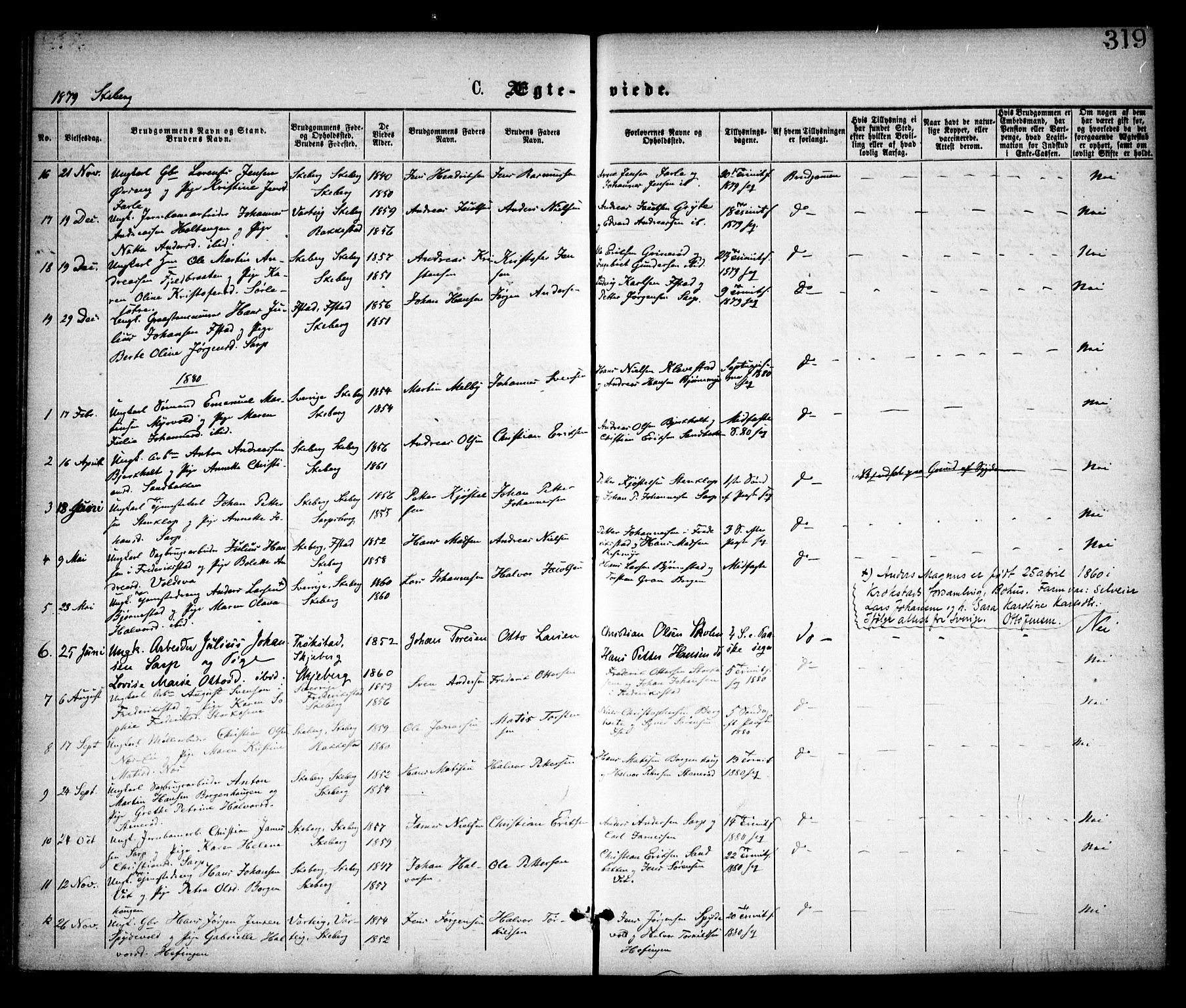 Skjeberg prestekontor Kirkebøker, SAO/A-10923/F/Fa/L0008: Parish register (official) no. I 8, 1869-1885, p. 319
