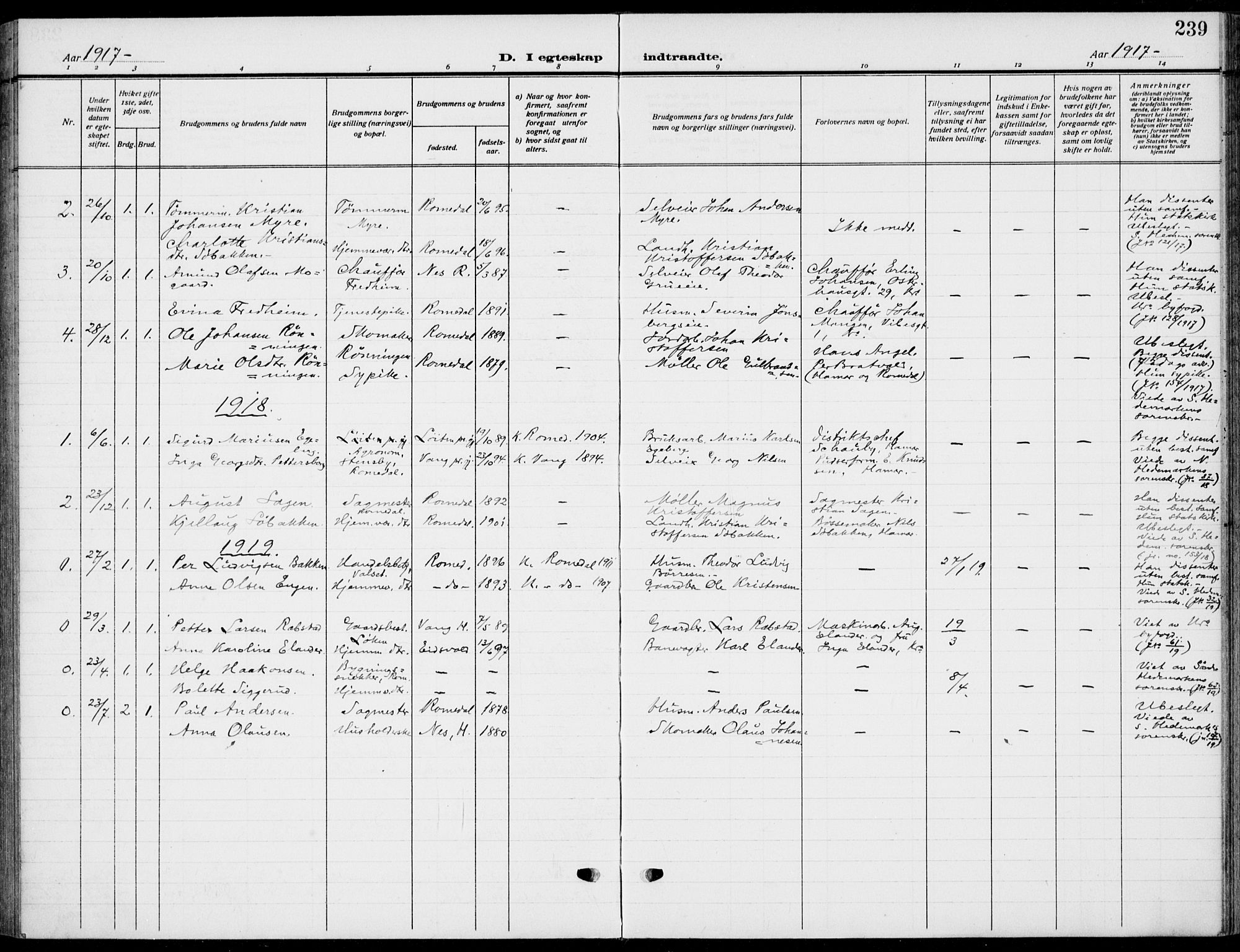 Romedal prestekontor, SAH/PREST-004/K/L0012: Parish register (official) no. 12, 1913-1935, p. 239