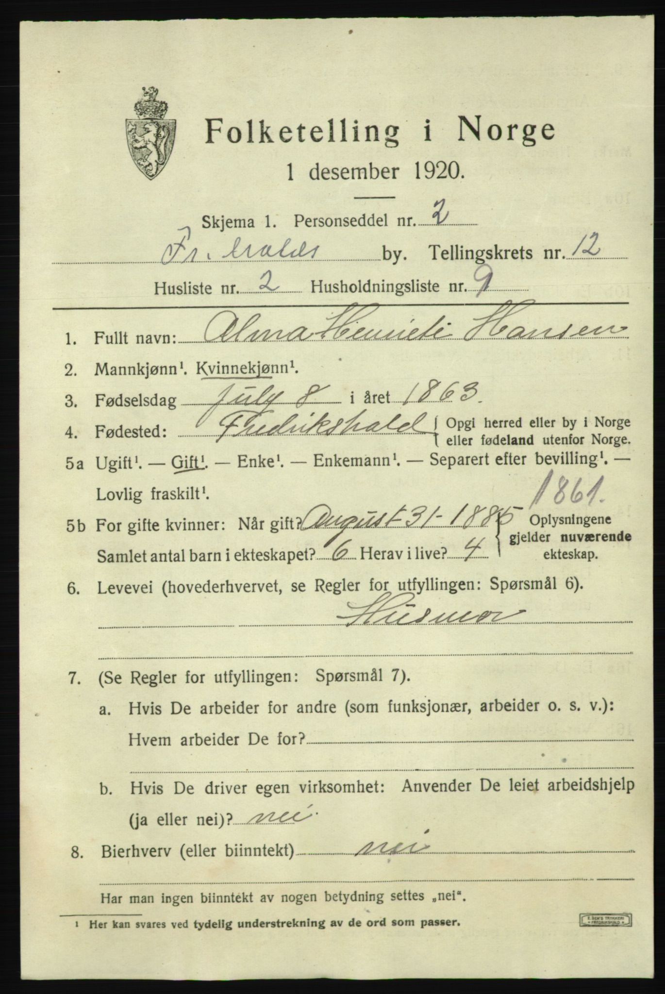 SAO, 1920 census for Fredrikshald, 1920, p. 19917