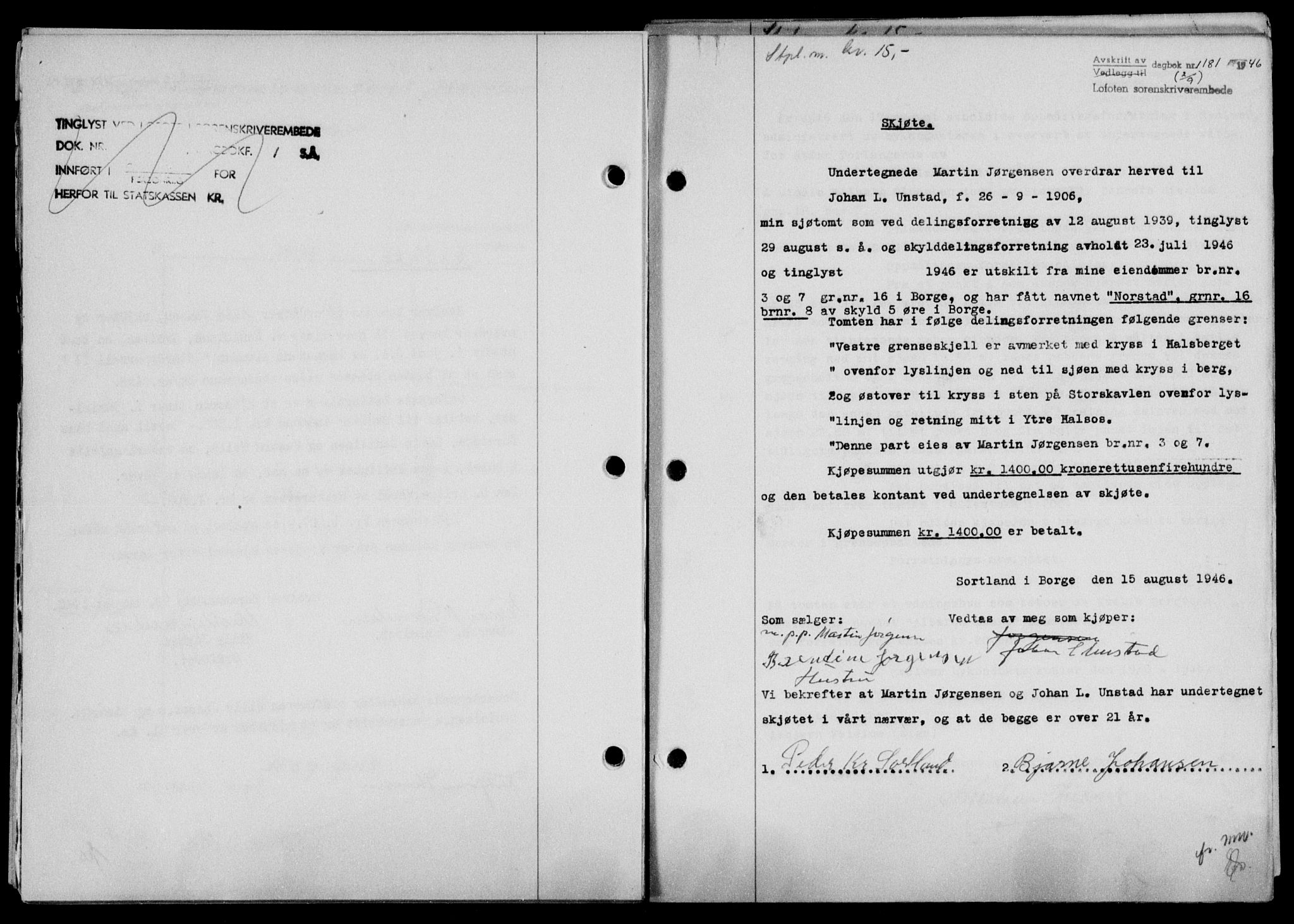 Lofoten sorenskriveri, SAT/A-0017/1/2/2C/L0014a: Mortgage book no. 14a, 1946-1946, Diary no: : 1181/1946