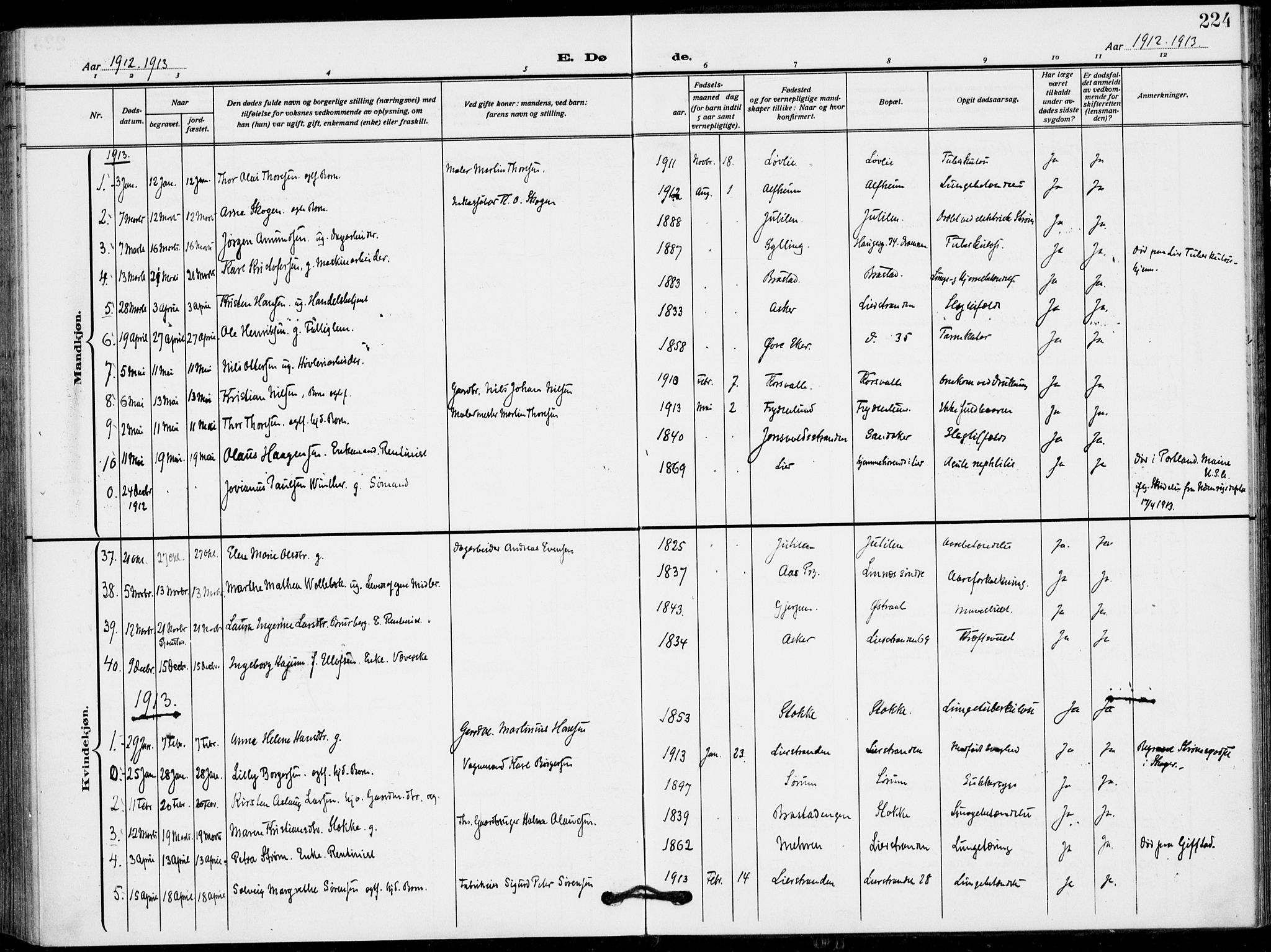 Lier kirkebøker, AV/SAKO-A-230/F/Fa/L0018: Parish register (official) no. I 18, 1909-1917, p. 224