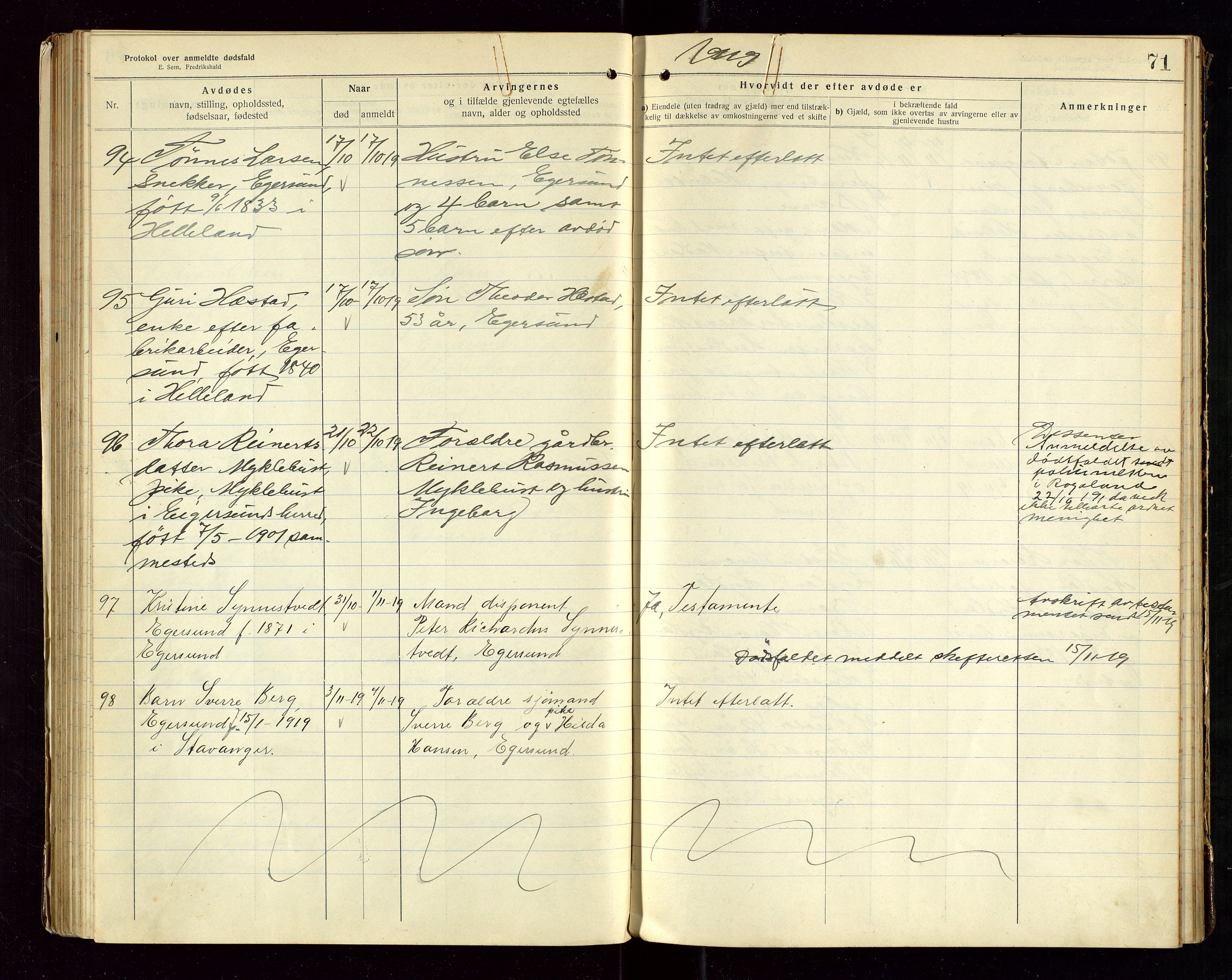 Eigersund lensmannskontor, AV/SAST-A-100171/Gga/L0007: "Protokol over anmeldte dødsfald" m/alfabetisk navneregister, 1917-1920, p. 71