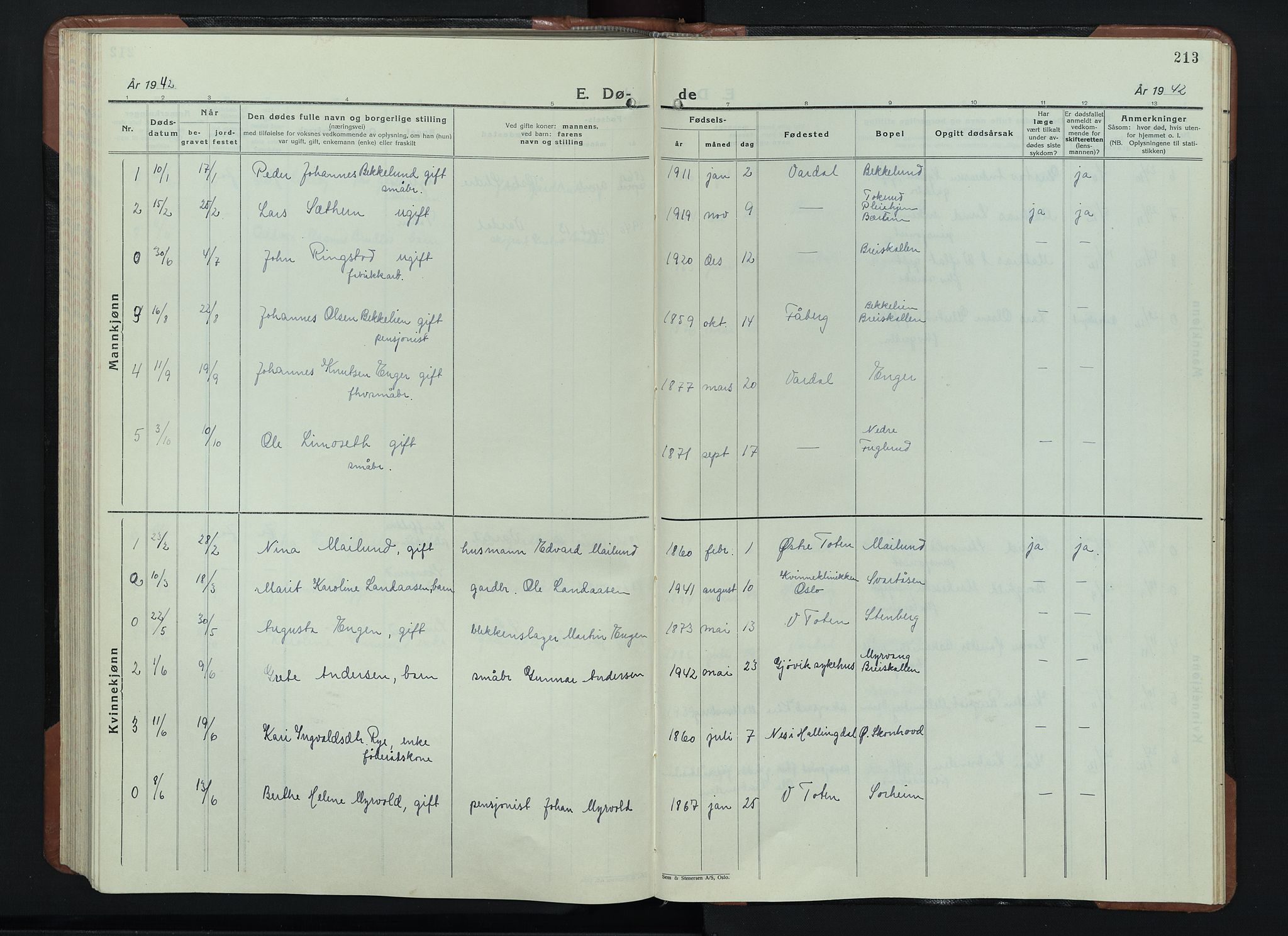 Vardal prestekontor, SAH/PREST-100/H/Ha/Hab/L0018: Parish register (copy) no. 18, 1931-1951, p. 213