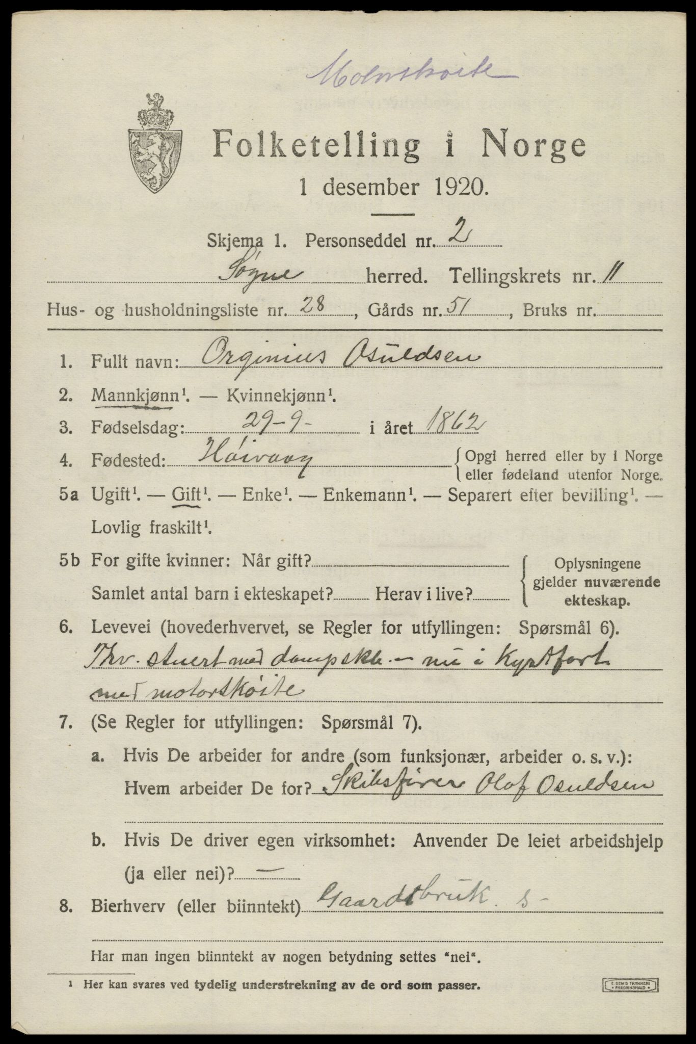 SAK, 1920 census for Søgne, 1920, p. 5923