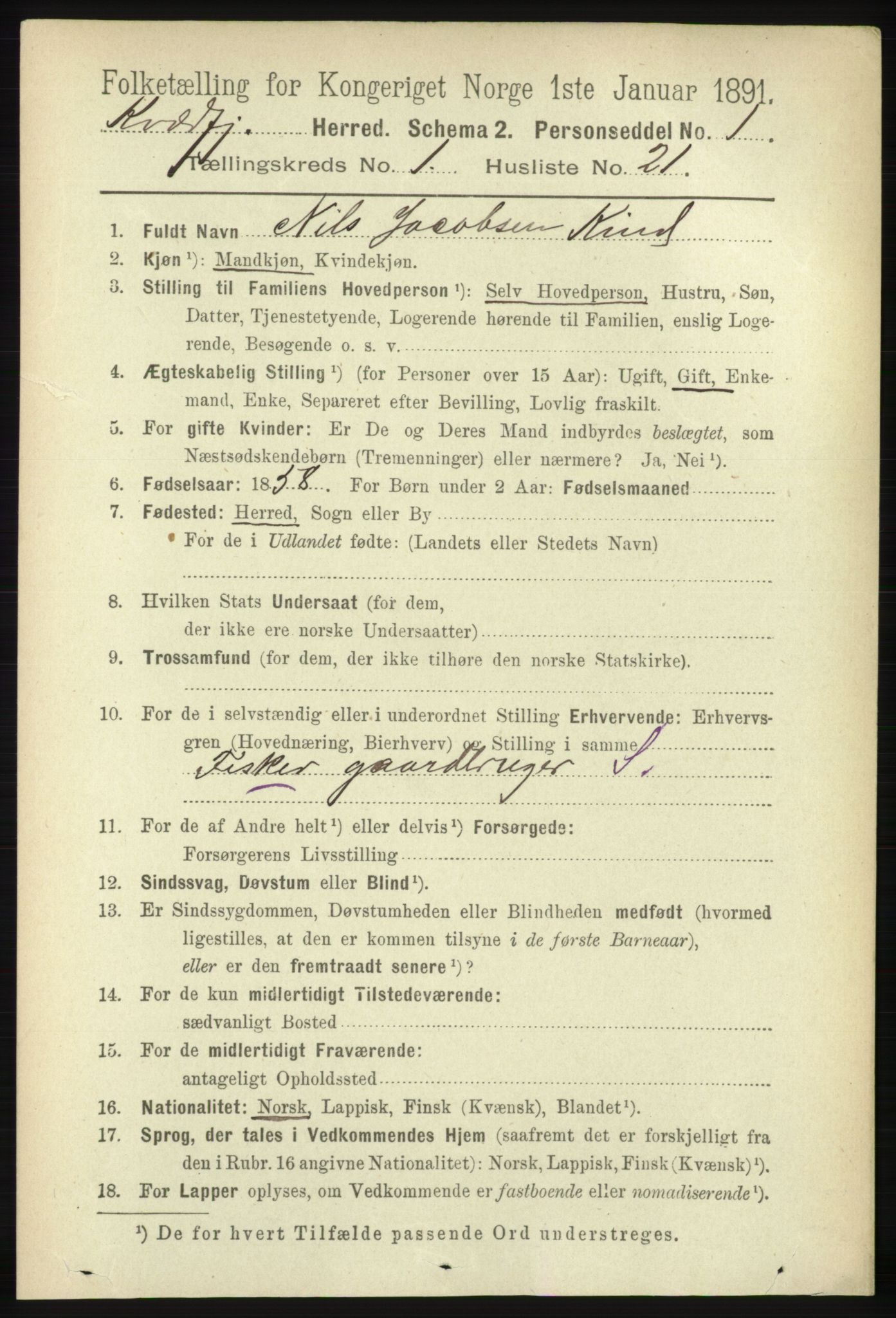 RA, 1891 census for 1911 Kvæfjord, 1891, p. 230