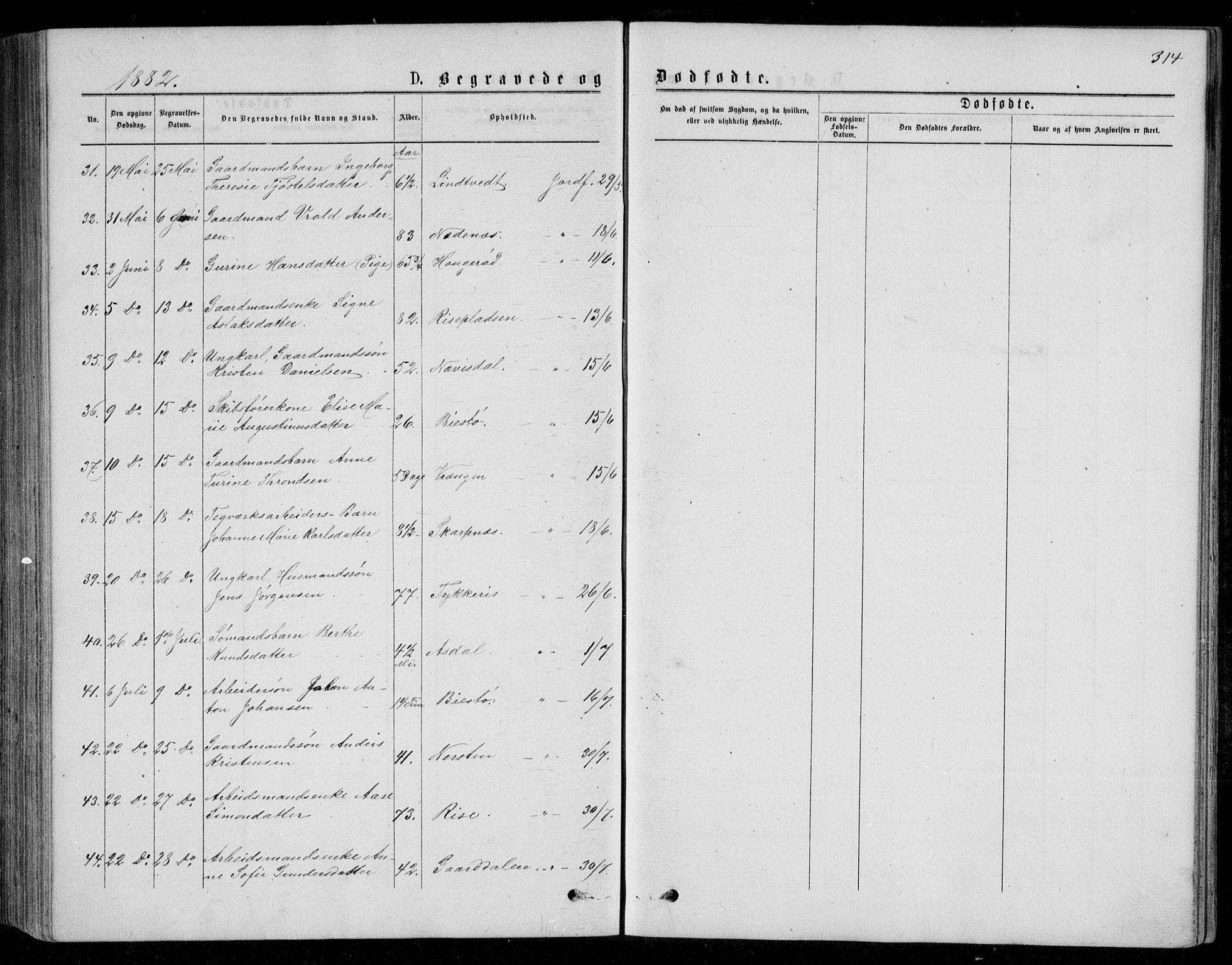 Øyestad sokneprestkontor, AV/SAK-1111-0049/F/Fb/L0008: Parish register (copy) no. B 8, 1872-1886, p. 314