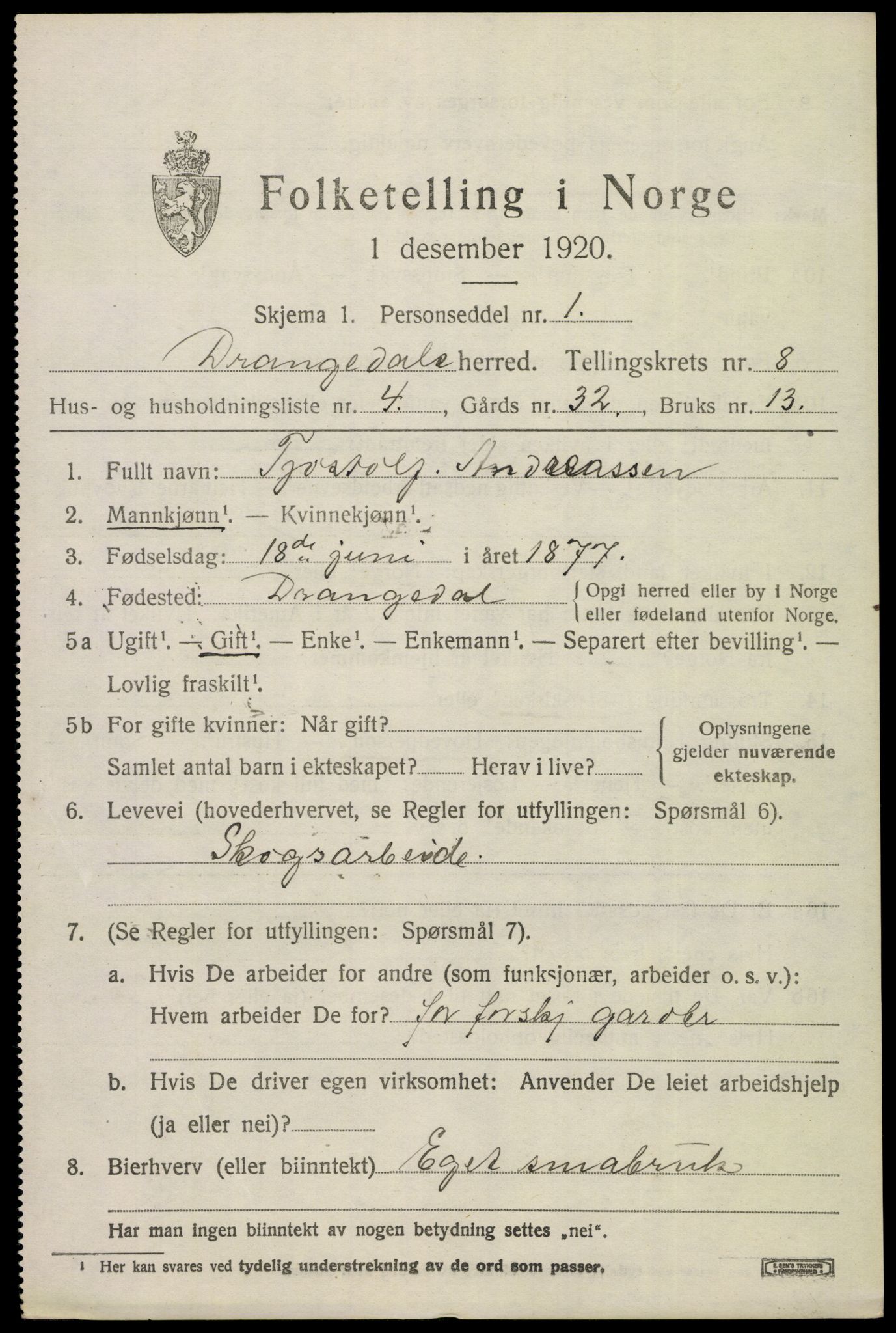 SAKO, 1920 census for Drangedal, 1920, p. 4975