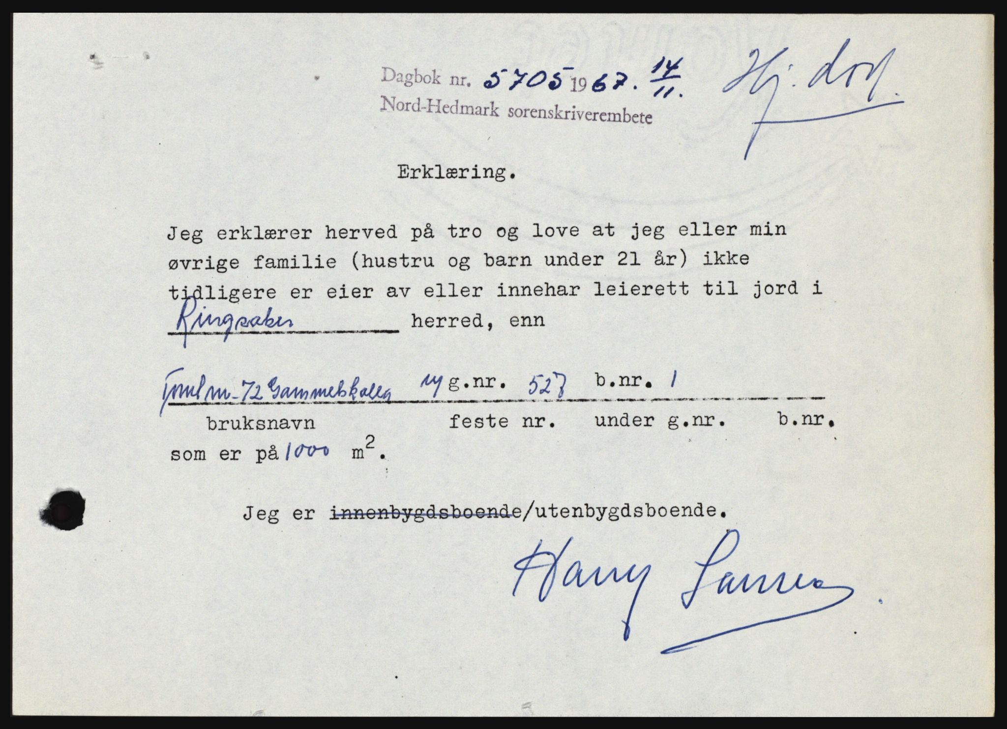 Nord-Hedmark sorenskriveri, SAH/TING-012/H/Hc/L0027: Mortgage book no. 27, 1967-1968, Diary no: : 5705/1967