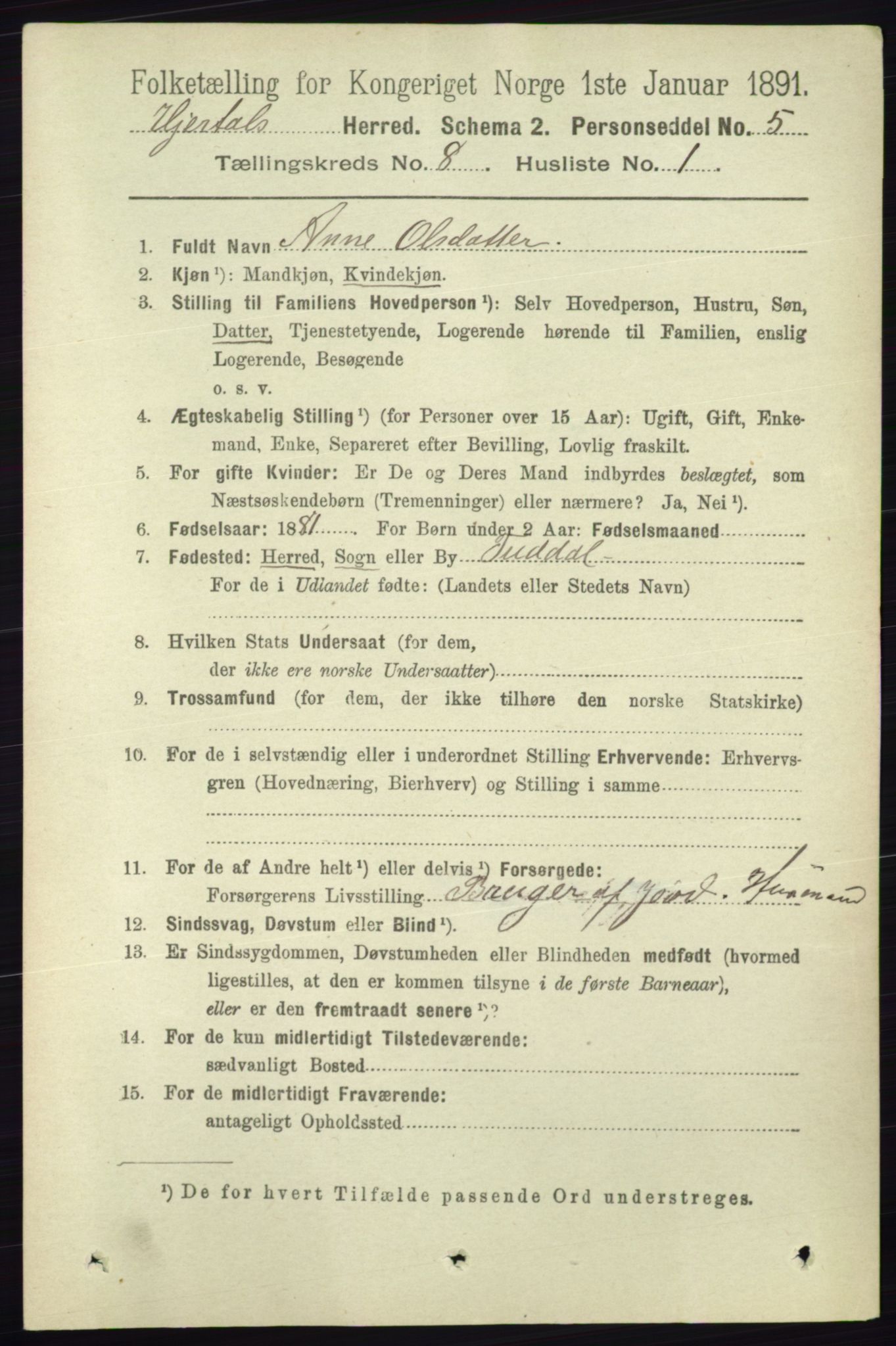 RA, 1891 census for 0827 Hjartdal, 1891, p. 2811