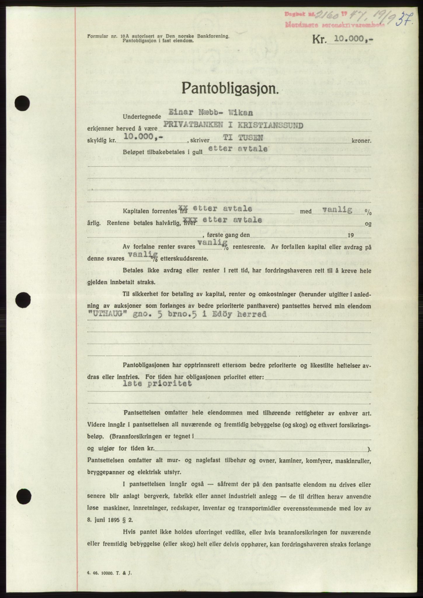 Nordmøre sorenskriveri, AV/SAT-A-4132/1/2/2Ca: Mortgage book no. B97, 1947-1948, Diary no: : 2160/1947