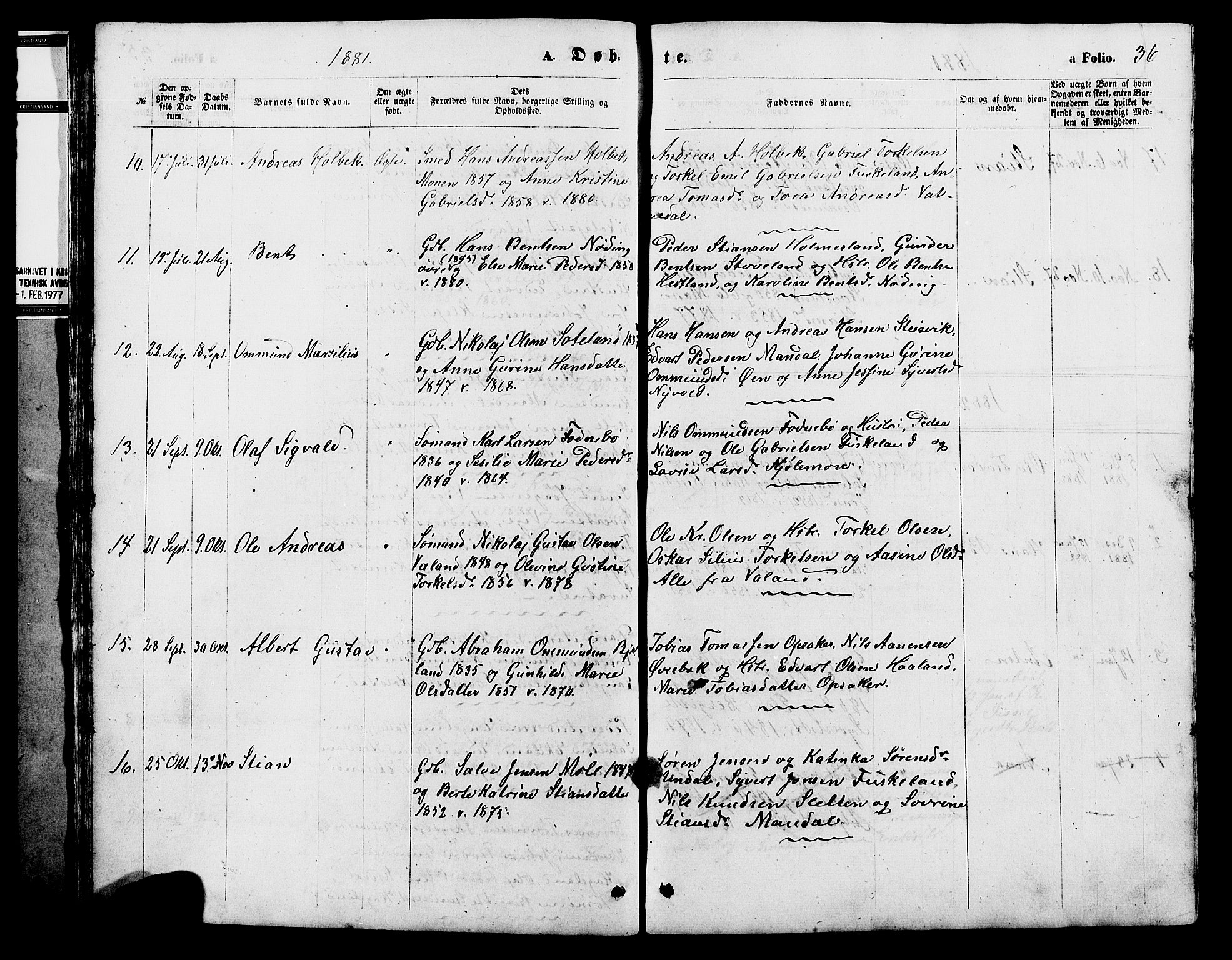 Holum sokneprestkontor, SAK/1111-0022/F/Fb/Fba/L0004: Parish register (copy) no. B 4, 1867-1890, p. 36