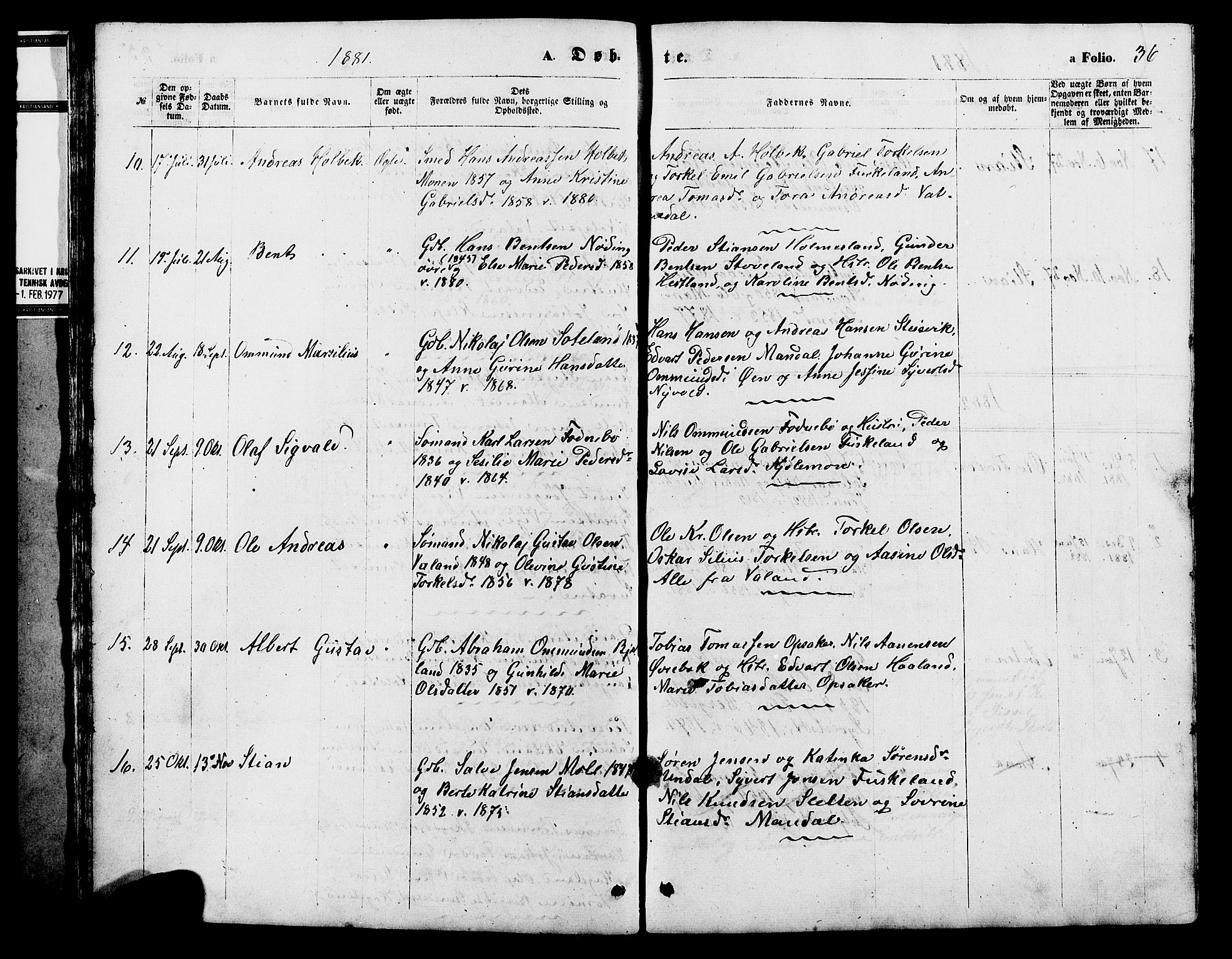 Holum sokneprestkontor, AV/SAK-1111-0022/F/Fb/Fba/L0004: Parish register (copy) no. B 4, 1867-1890, p. 36