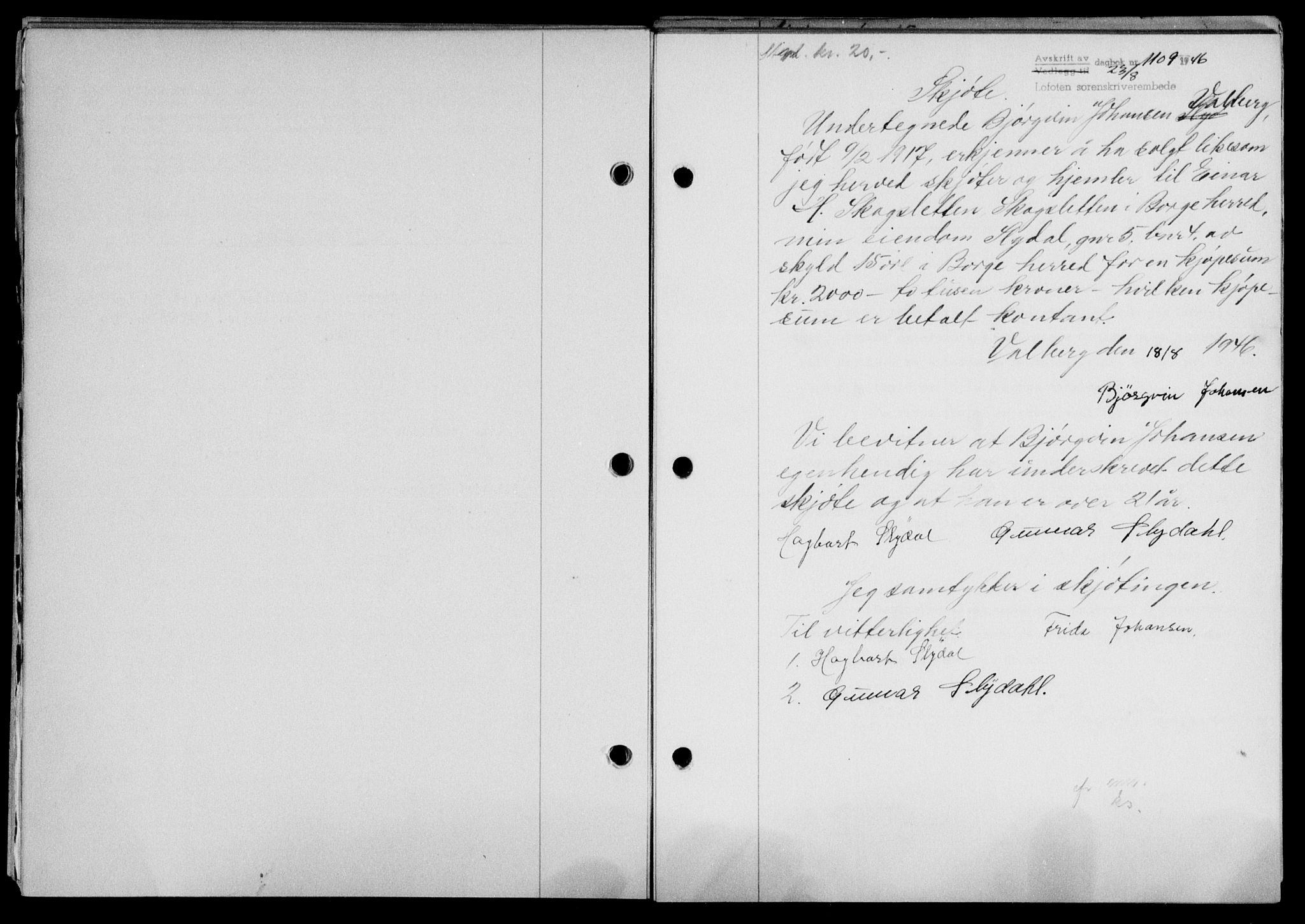 Lofoten sorenskriveri, SAT/A-0017/1/2/2C/L0014a: Mortgage book no. 14a, 1946-1946, Diary no: : 1109/1946