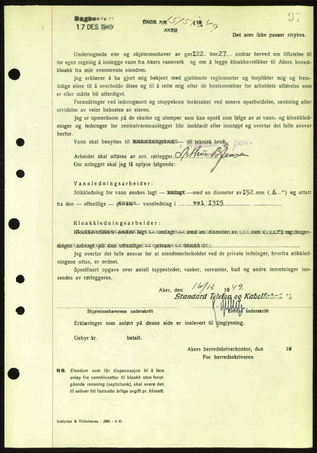 Oslo byskriverembete, AV/SAO-A-10227/G/Gb/Gbd/Gbda/L0017: Mortgage book no. A215, 1949-1950, Diary no: : 15151/1949
