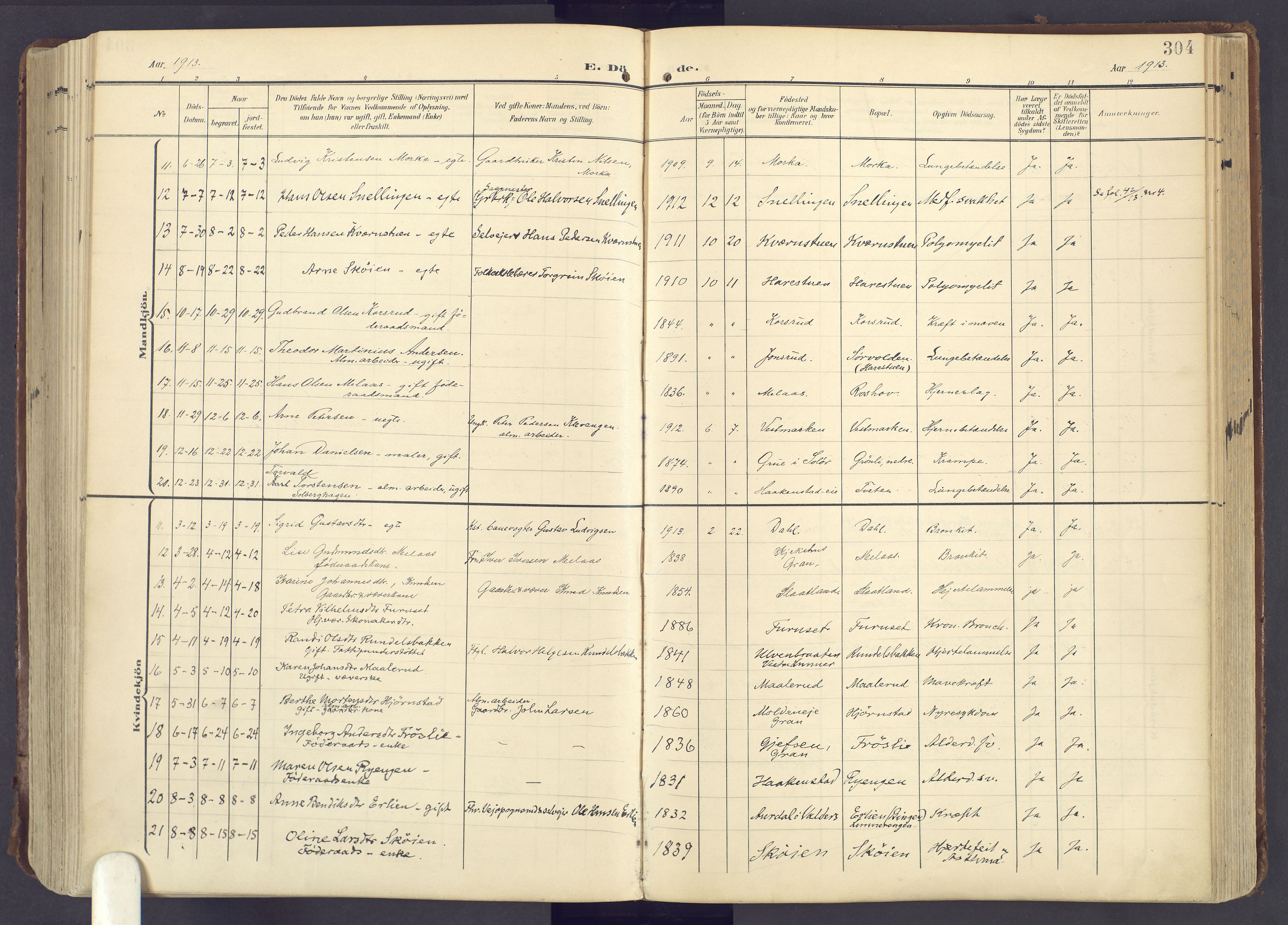 Lunner prestekontor, SAH/PREST-118/H/Ha/Haa/L0001: Parish register (official) no. 1, 1907-1922, p. 304