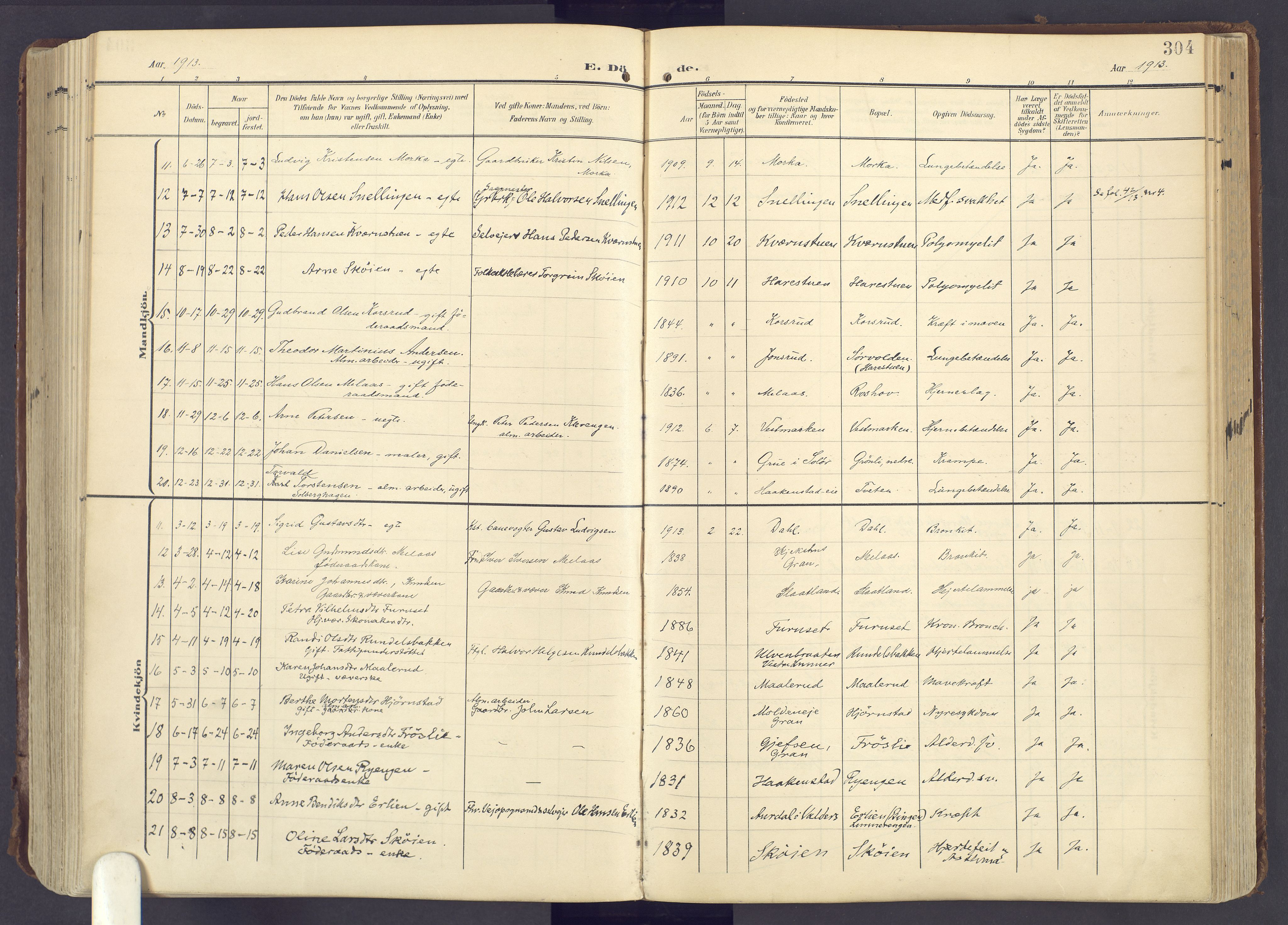 Lunner prestekontor, AV/SAH-PREST-118/H/Ha/Haa/L0001: Parish register (official) no. 1, 1907-1922, p. 304