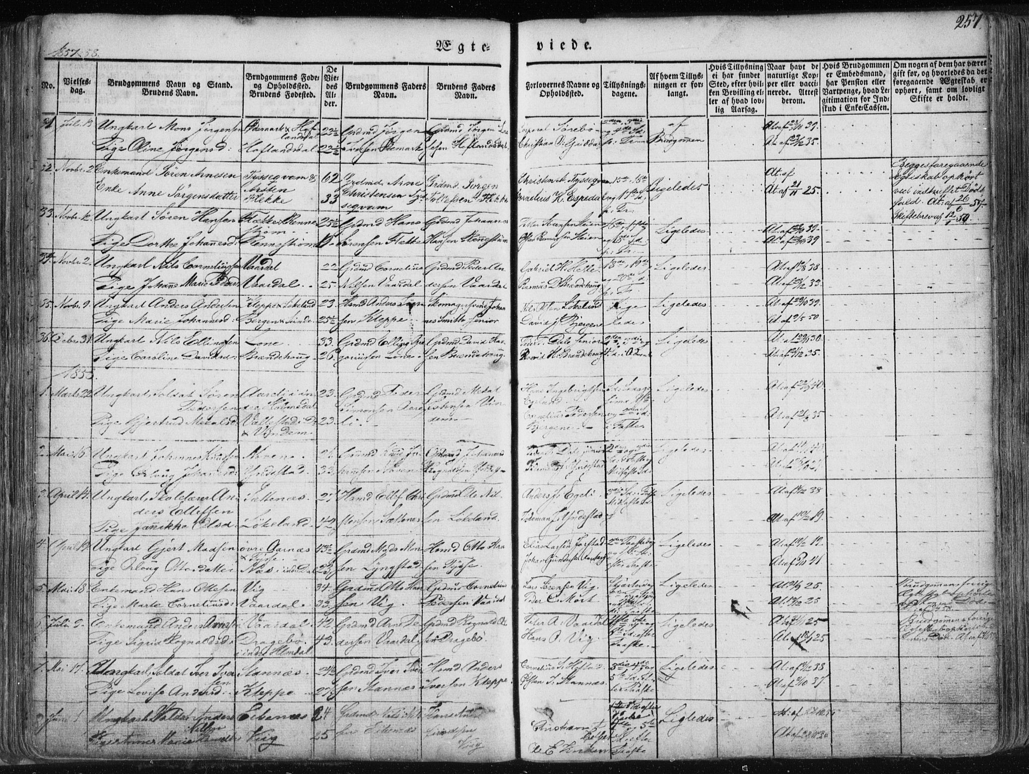Fjaler sokneprestembete, SAB/A-79801/H/Haa/Haaa/L0006: Parish register (official) no. A 6, 1835-1884, p. 257
