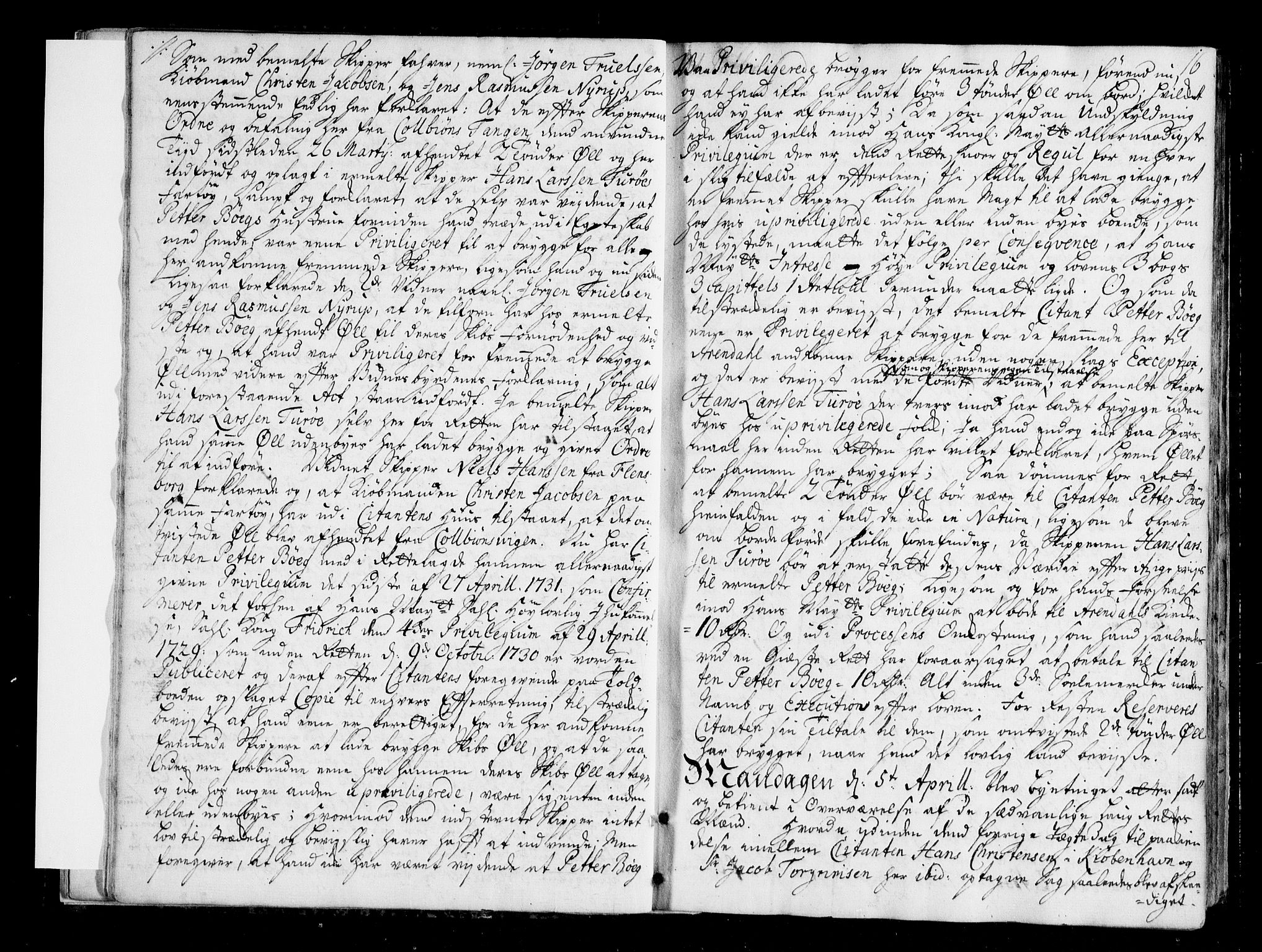 Arendal byfogd, AV/SAK-1222-0001/F/Fa/L0006: Justisprotokoll for Arendal og Risør, 1734-1736, p. 15b-16a