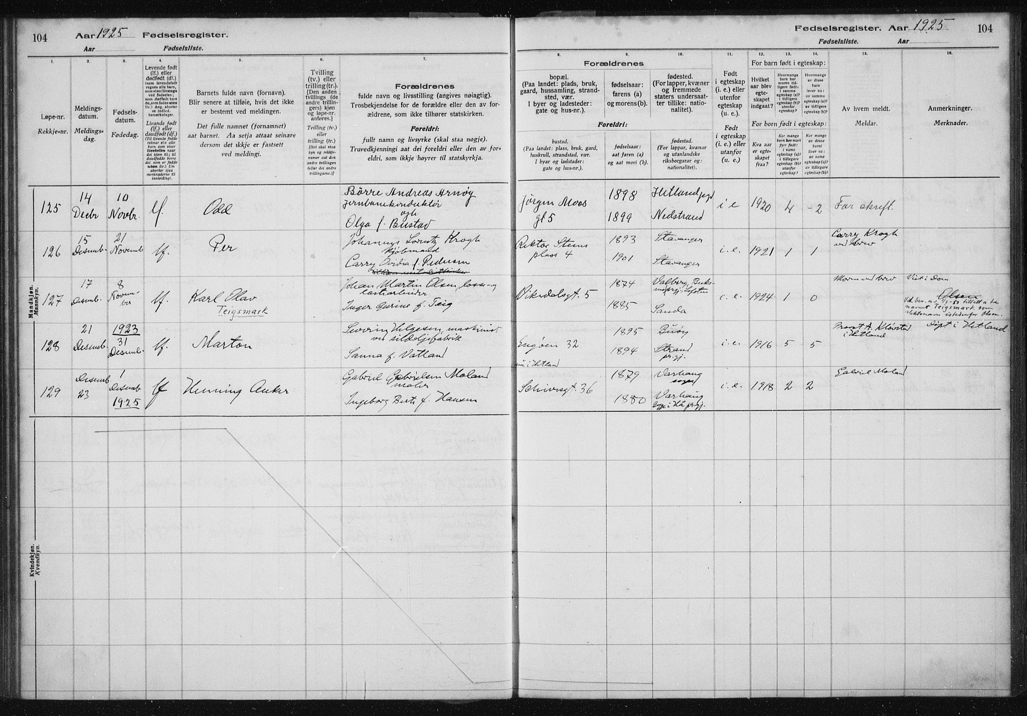 St. Petri sokneprestkontor, AV/SAST-A-101813/002/A/L0002: Birth register no. 2, 1922-1929, p. 104