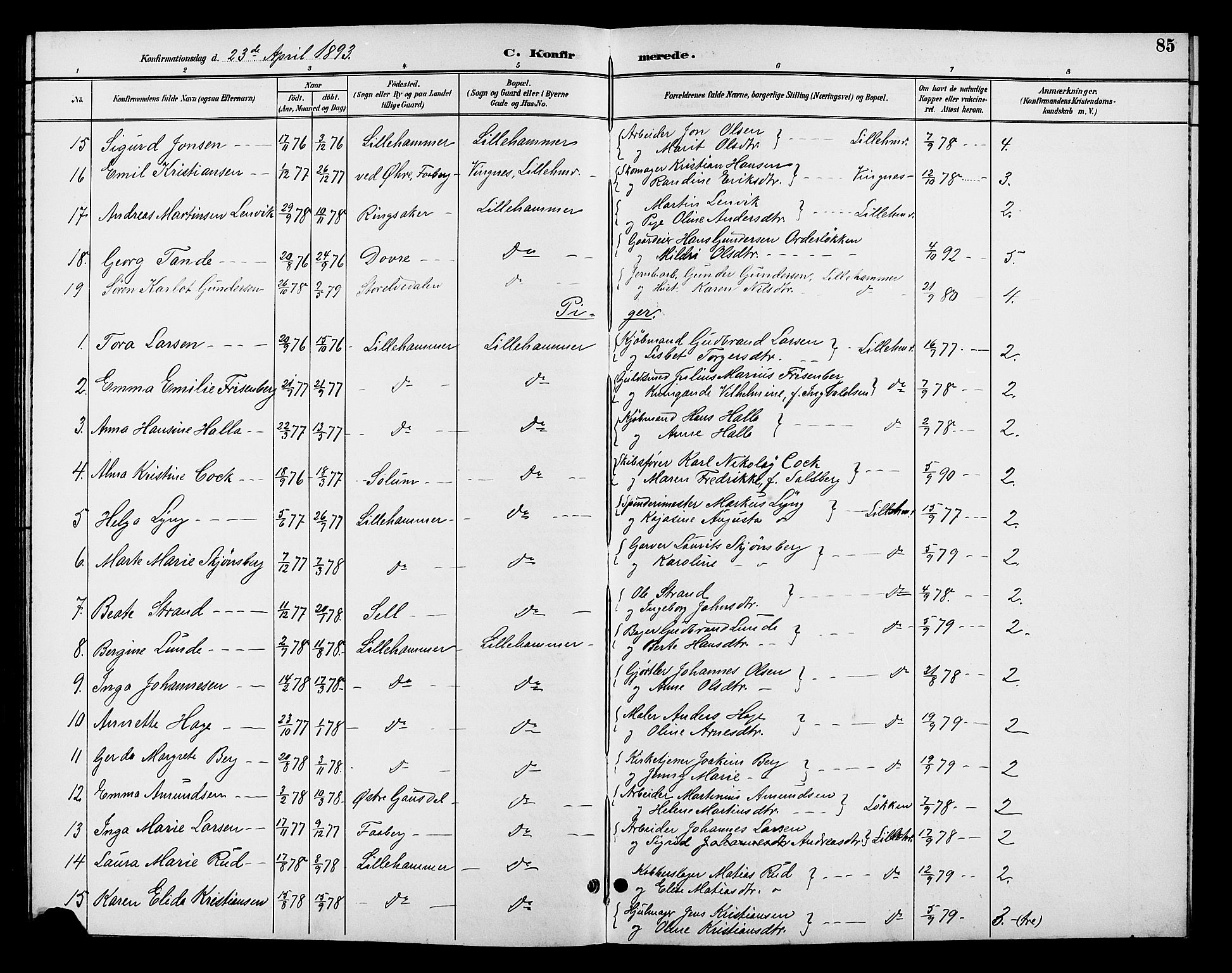 Fåberg prestekontor, SAH/PREST-086/H/Ha/Hab/L0008: Parish register (copy) no. 8, 1891-1900, p. 85