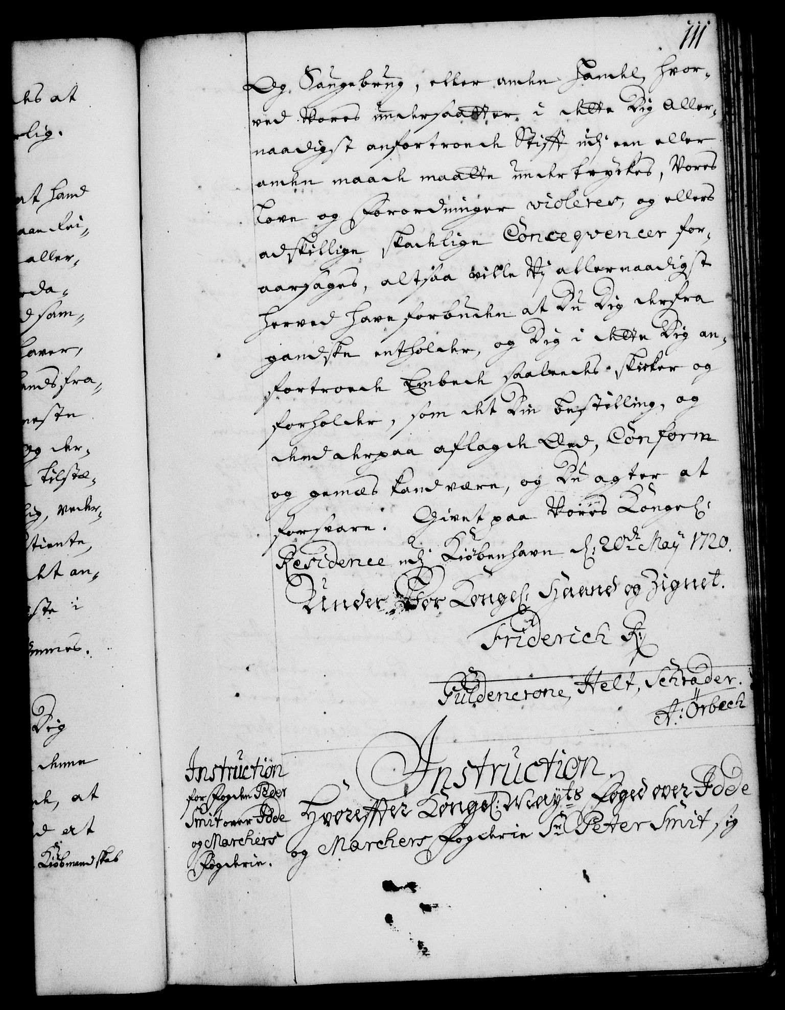 Rentekammeret, Kammerkanselliet, RA/EA-3111/G/Gg/Ggi/L0001: Norsk instruksjonsprotokoll med register (merket RK 53.34), 1720-1729, p. 111