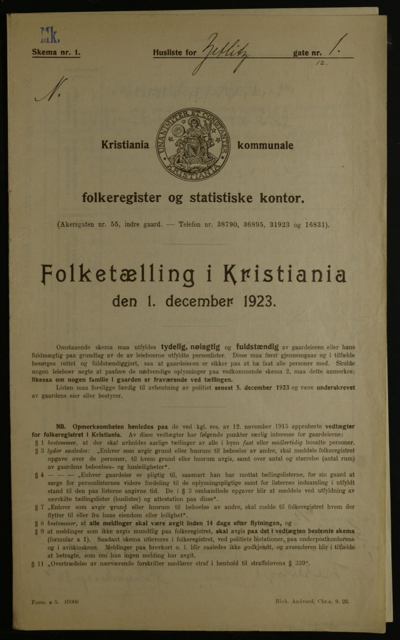 OBA, Municipal Census 1923 for Kristiania, 1923, p. 141854