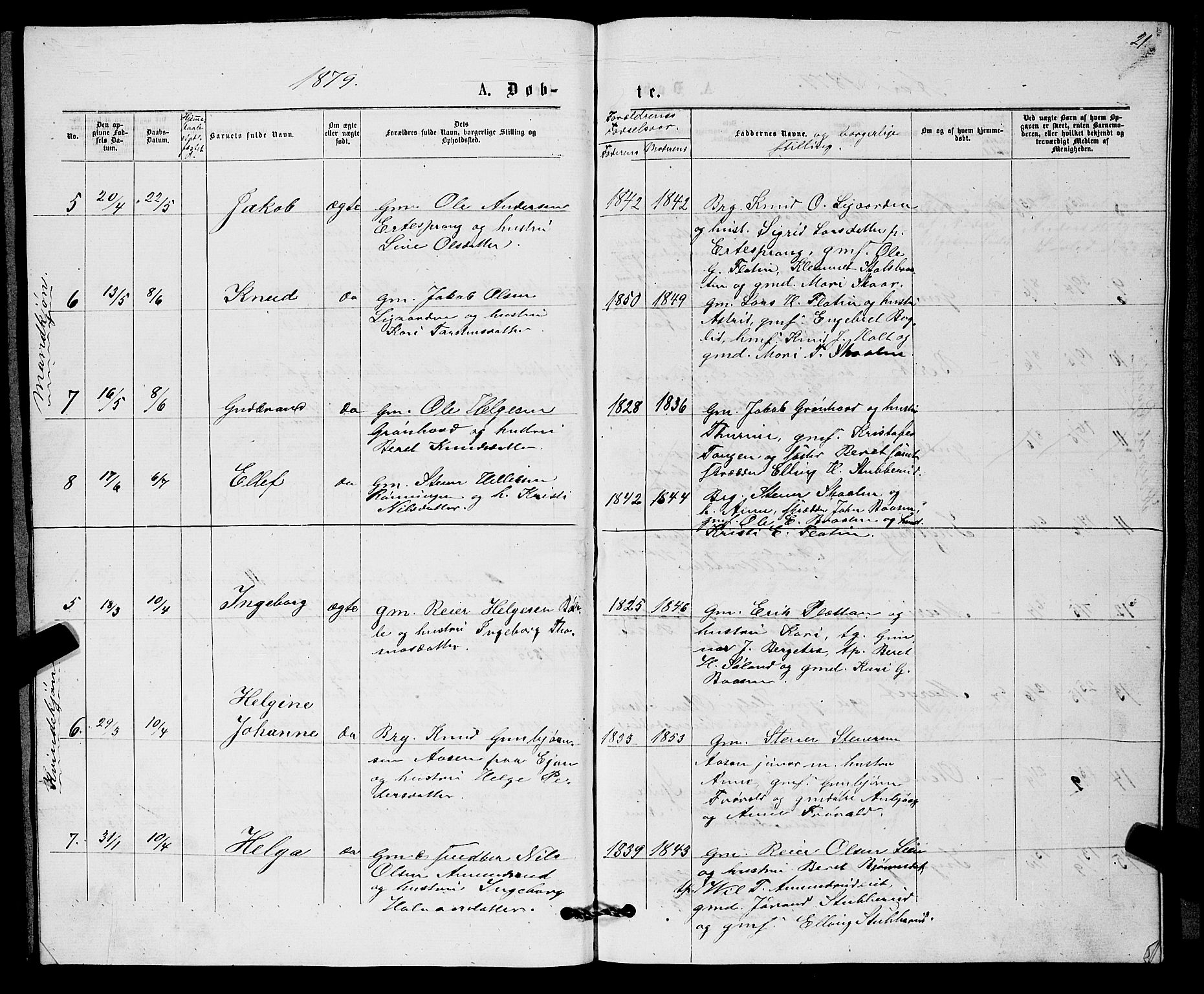 Sigdal kirkebøker, AV/SAKO-A-245/G/Gb/L0002: Parish register (copy) no. II 2, 1875-1900, p. 21