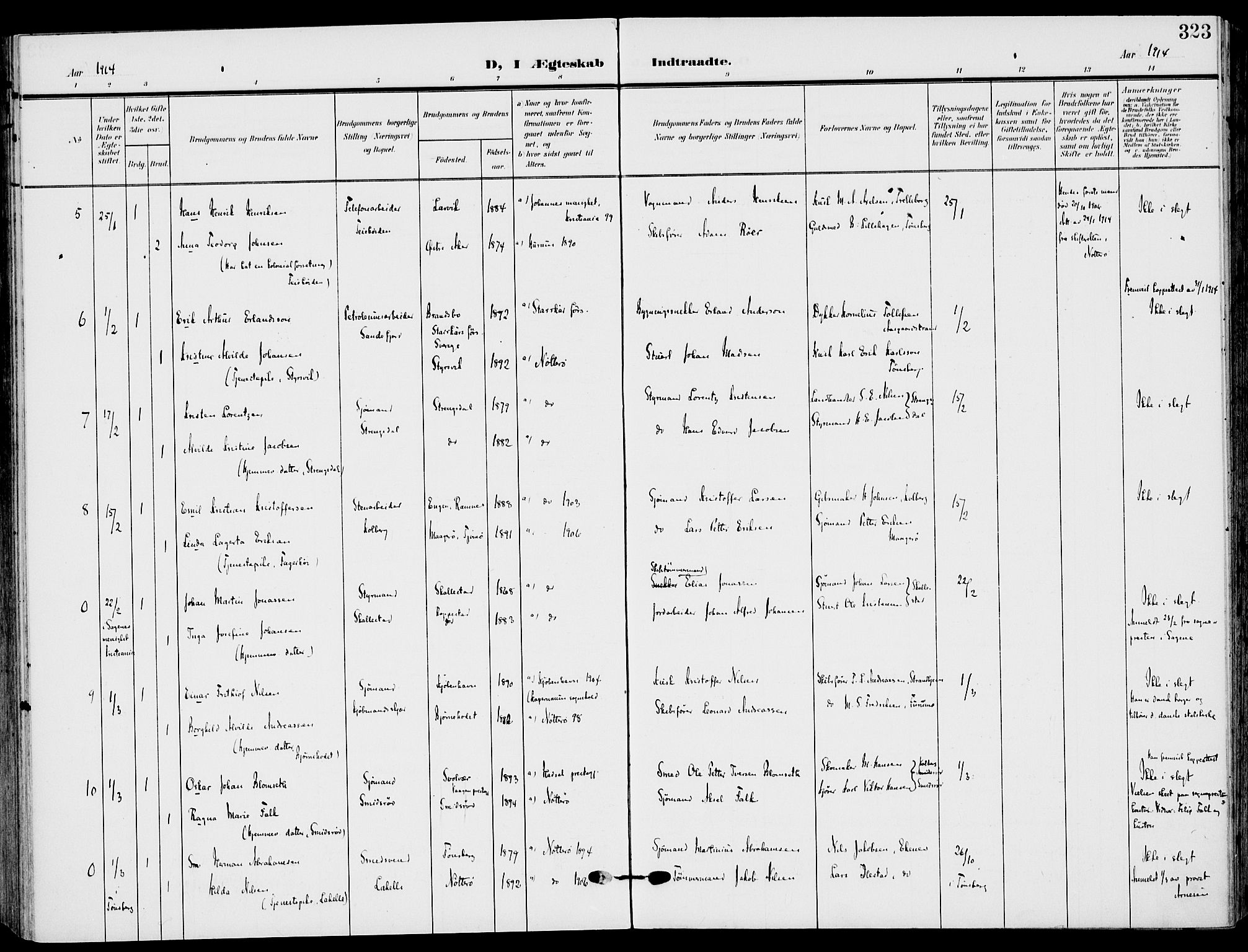 Nøtterøy kirkebøker, AV/SAKO-A-354/F/Fa/L0010: Parish register (official) no. I 10, 1908-1919, p. 323