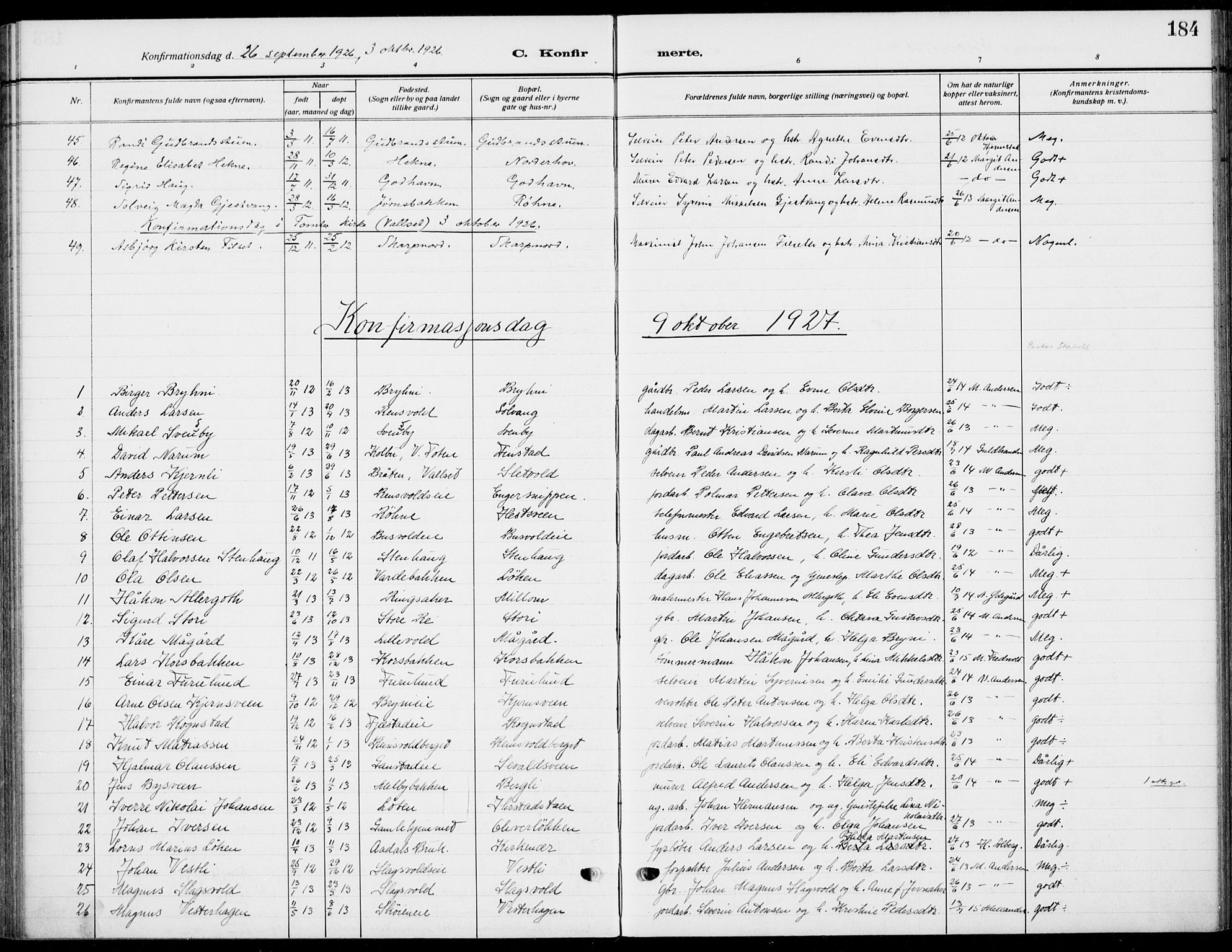 Romedal prestekontor, SAH/PREST-004/K/L0012: Parish register (official) no. 12, 1913-1935, p. 184