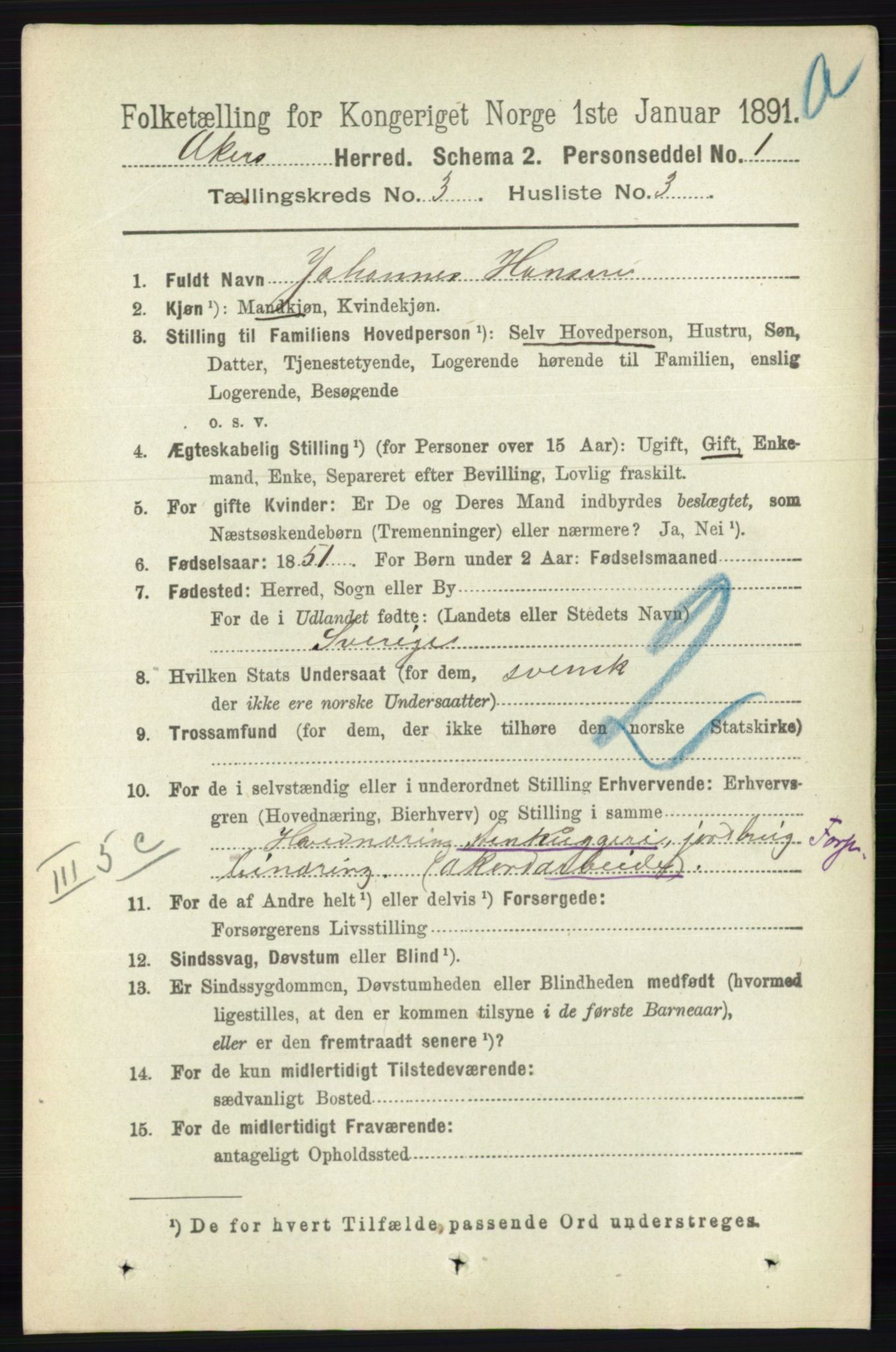 RA, 1891 census for 0218 Aker, 1891, p. 2935