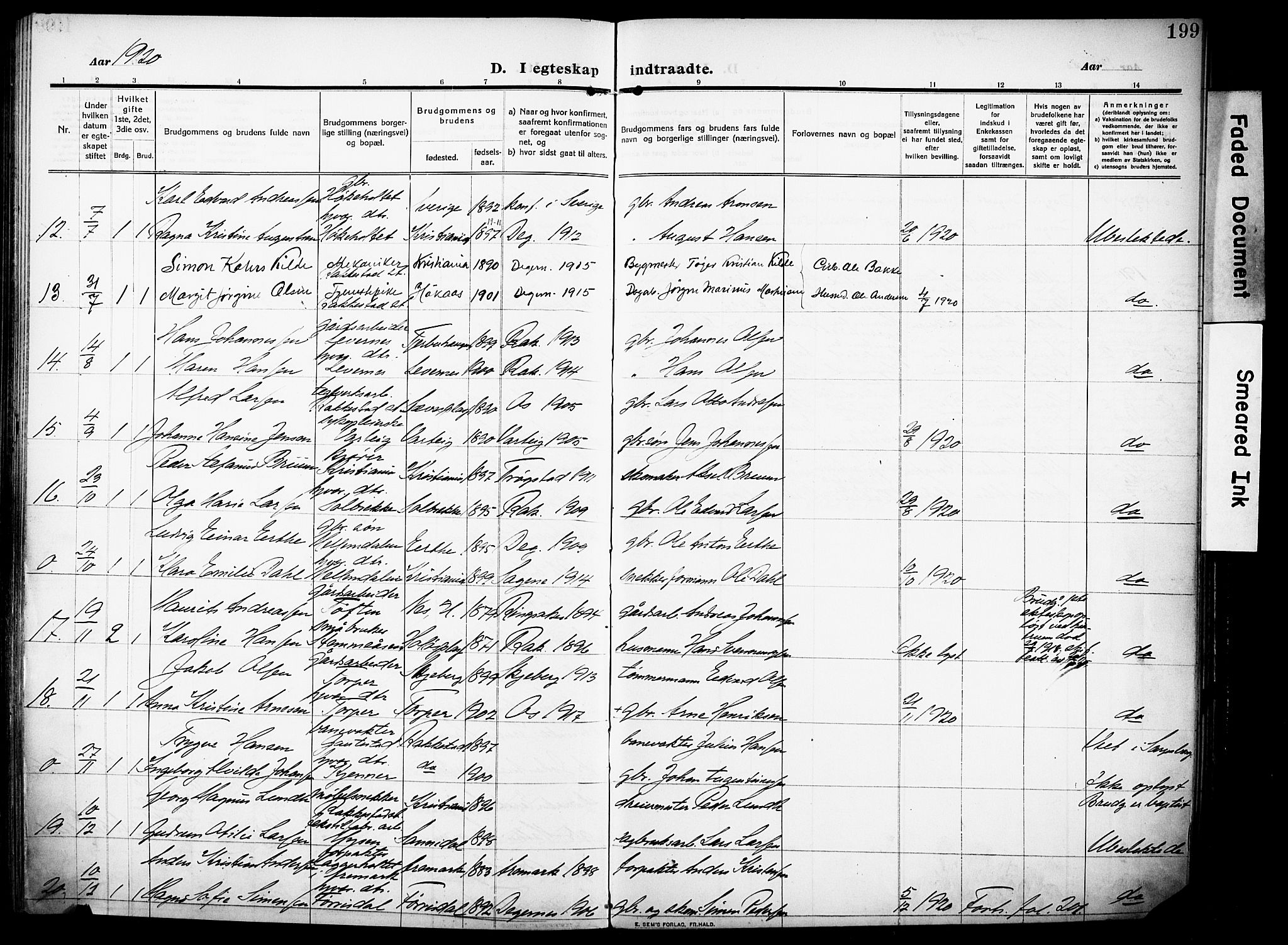 Rakkestad prestekontor Kirkebøker, AV/SAO-A-2008/F/Fa/L0015: Parish register (official) no. I 15, 1909-1922, p. 199