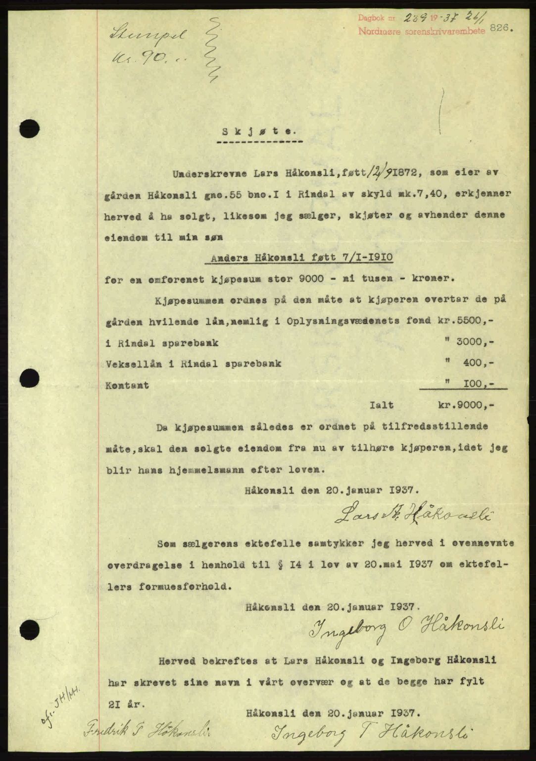 Nordmøre sorenskriveri, AV/SAT-A-4132/1/2/2Ca: Mortgage book no. A80, 1936-1937, Diary no: : 239/1937