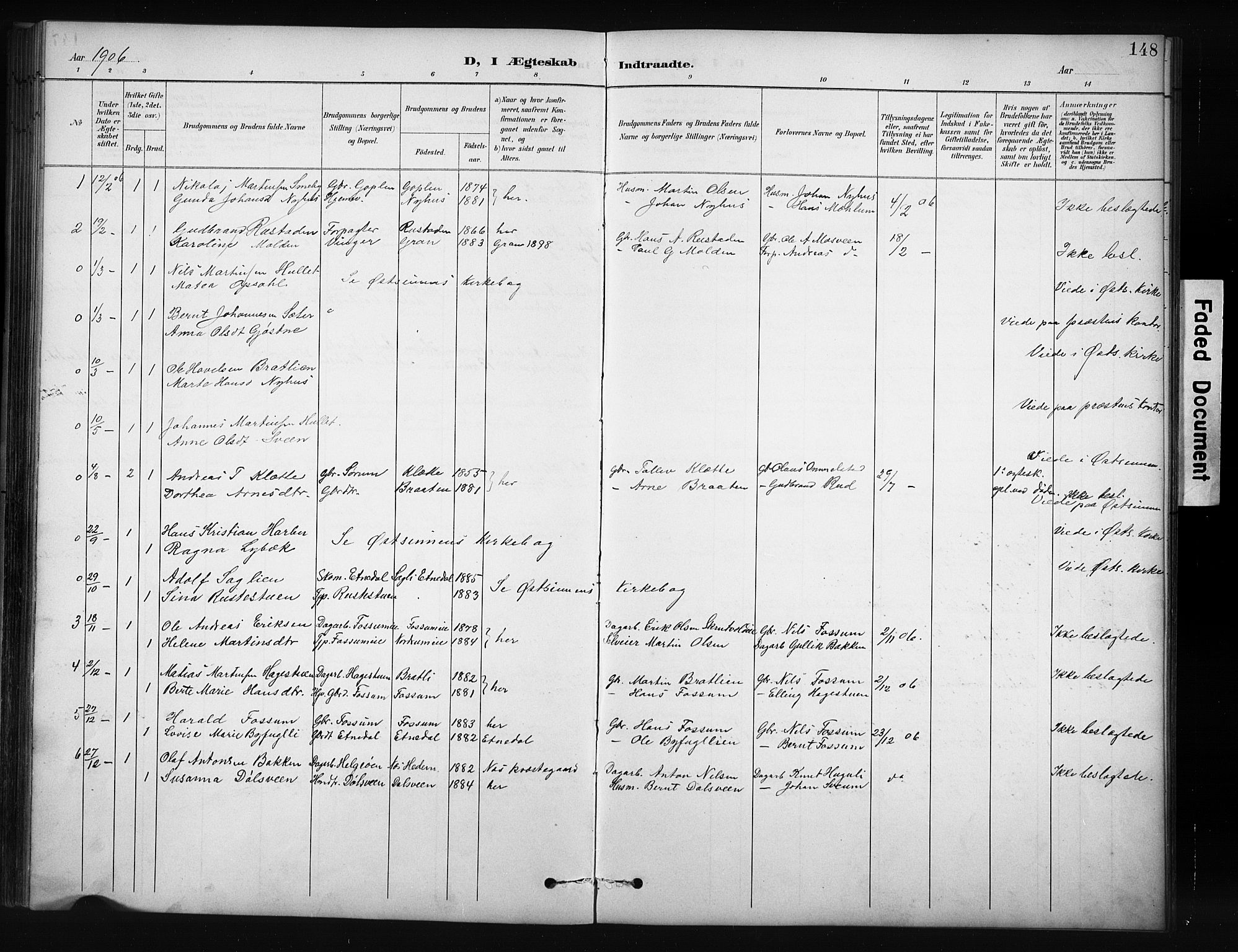 Nordre Land prestekontor, SAH/PREST-124/H/Ha/Hab/L0012: Parish register (copy) no. 12, 1891-1909, p. 148